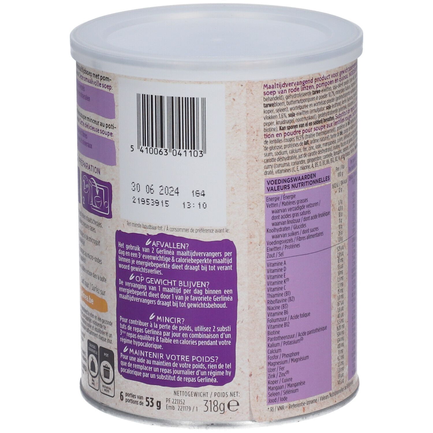 Dos de la boîte de soupe Gerlinéa. Texte avec instructions de préparation et informations nutritionnelles. Code-barres et date de péremption.