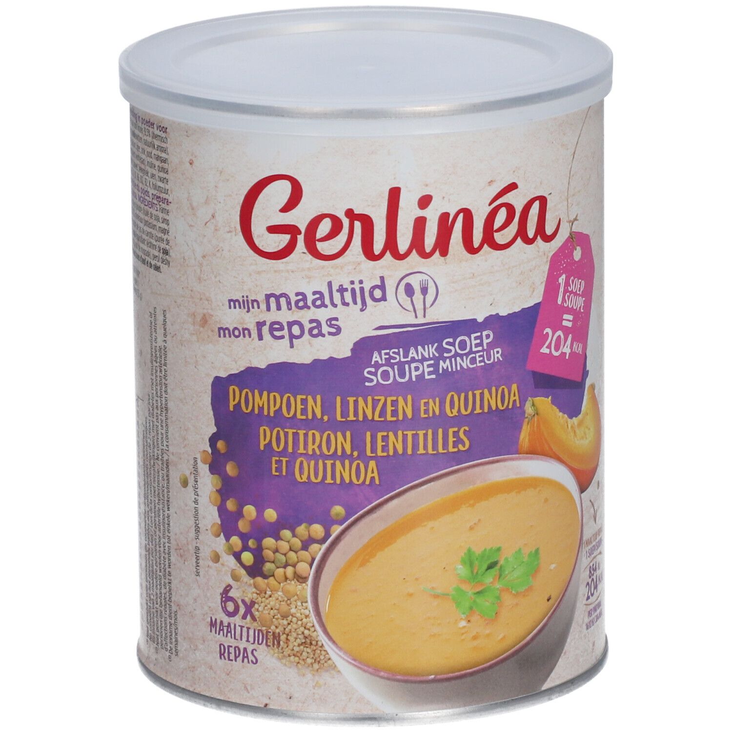 Boîte de soupe Gerlinéa. Inscription : Potiron, lentilles et quinoa. Illustration de soupe avec potiron et lentilles. 6 repas.