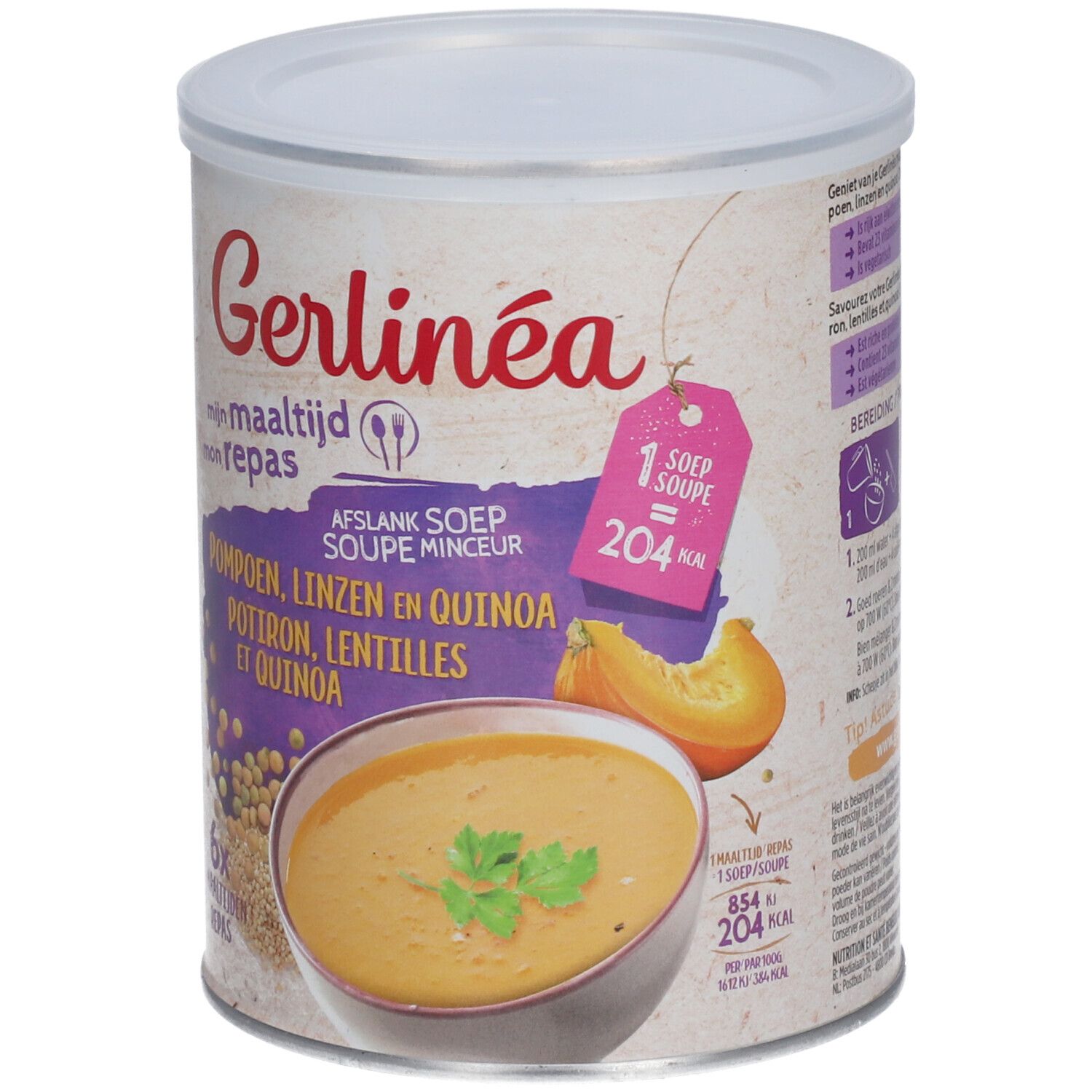 Boîte de soupe Gerlinéa. Inscription : Potiron, lentilles et quinoa. Illustration de soupe avec potiron et lentilles. 6 repas.