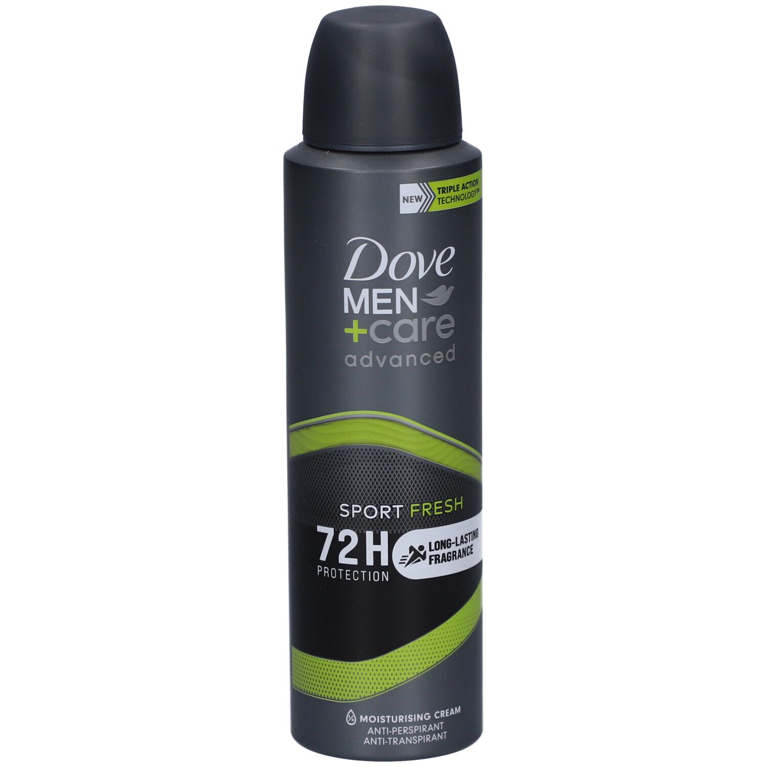Dove Men+Care Advanced Sport Fresh 72h Dose. Schwarz-graue Dose mit grünem Design. Enthält Text und Logo.
