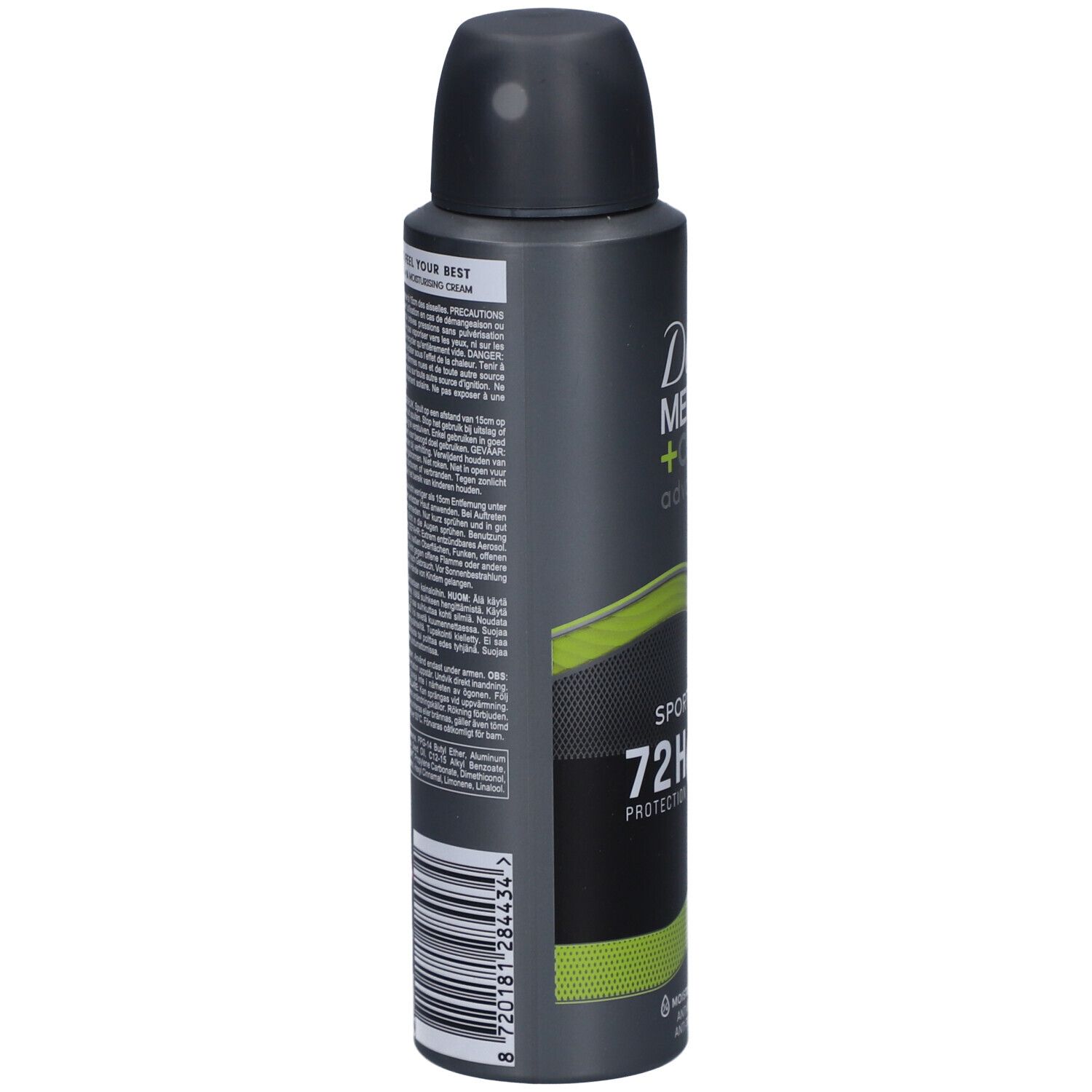 Dove Men+Care Advanced Sport Fresh 72h. Rückseite der Dose. Enthält Text, Barcode und Logo. Schwarz, grau und grün.