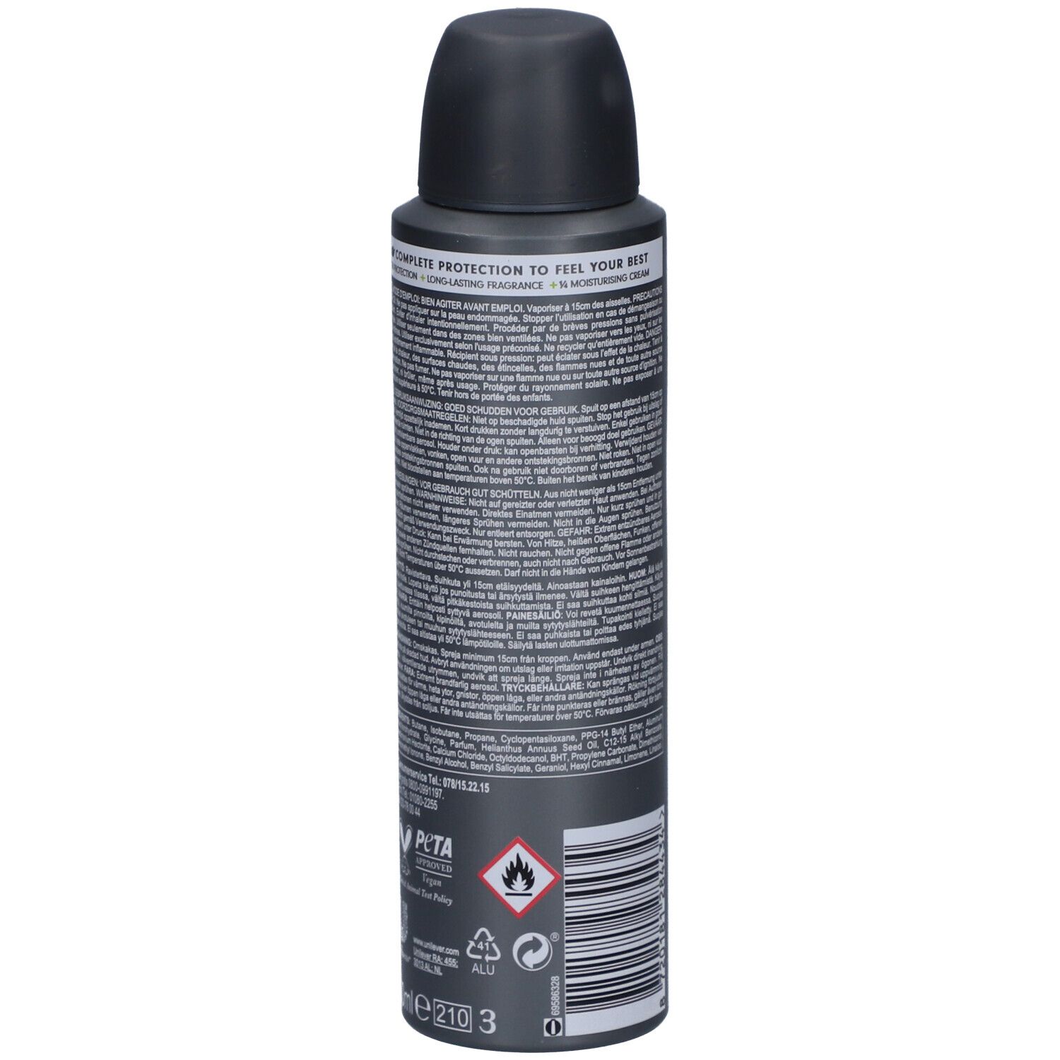 Rückseite der Dove Men+Care Advanced Sport Fresh 72h Dose. Enthält Text, Logos und Piktogramme. Schwarz, grau und grün.