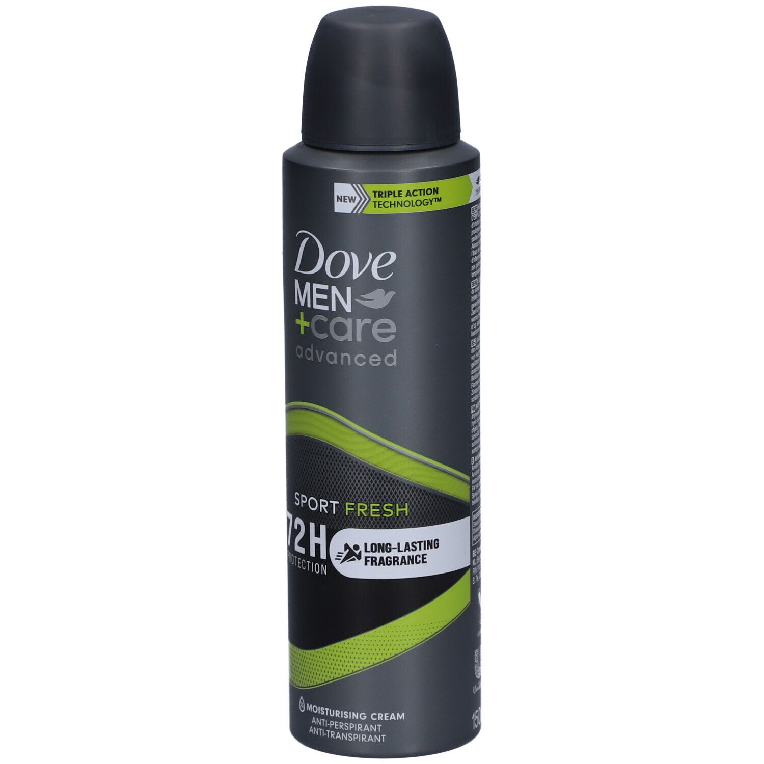 Dove Men+Care Advanced Sport Fresh 72h Dose. Schwarz-graue Dose mit grünem Design. Enthält Text und Logo.