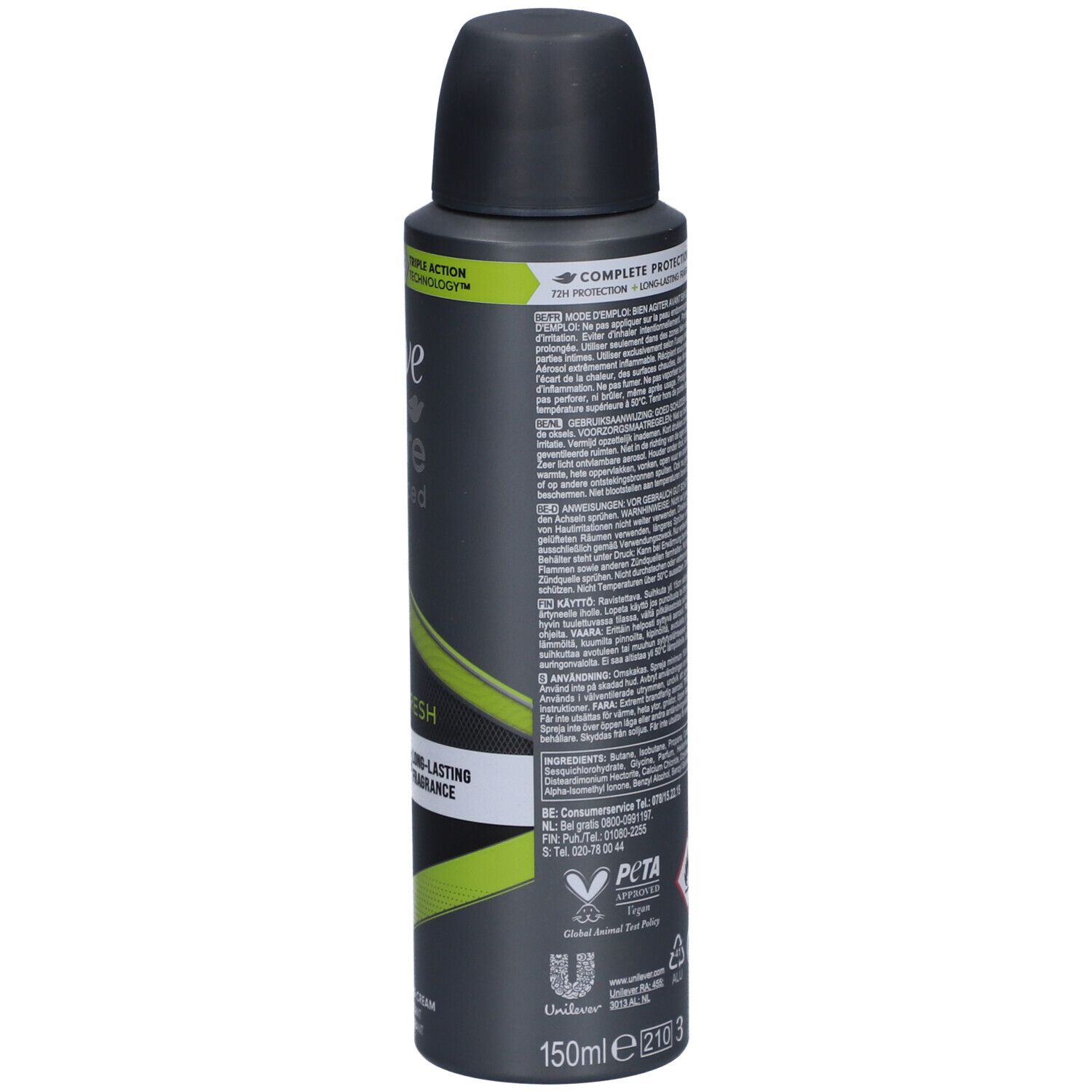 Rückseite der Dove Men+Care Advanced Sport Fresh 72h Dose. Enthält Text, Logos und Piktogramme. Schwarz, grau und grün.