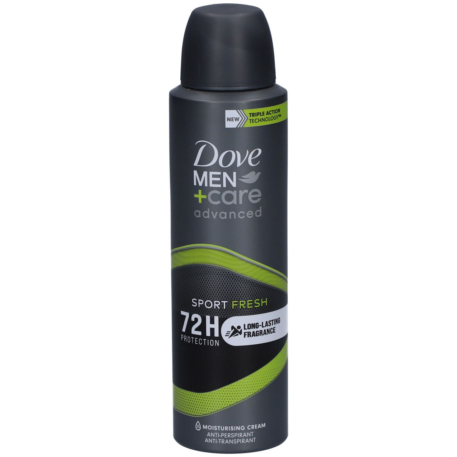 Dose Dove Men+Care Advanced Sport Fresh 72h. Schwarz-graue Dose mit grünem Design. Enthält Text und Logo.