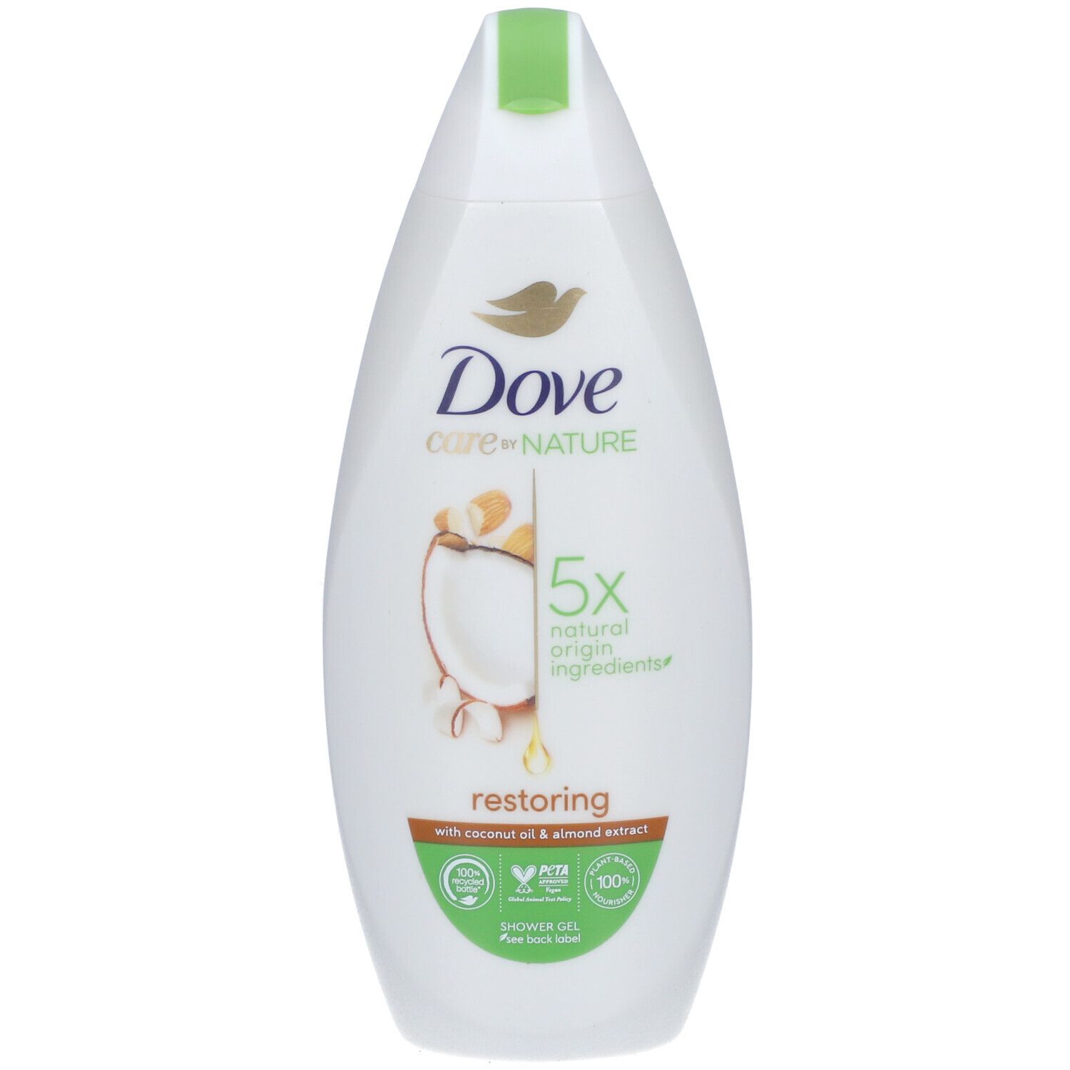 Weißes Dove Care by Nature Duschgel mit Kokosöl und Mandel-Extrakt. Flasche mit grünem Verschluss, Logo und Produktbezeichnung.