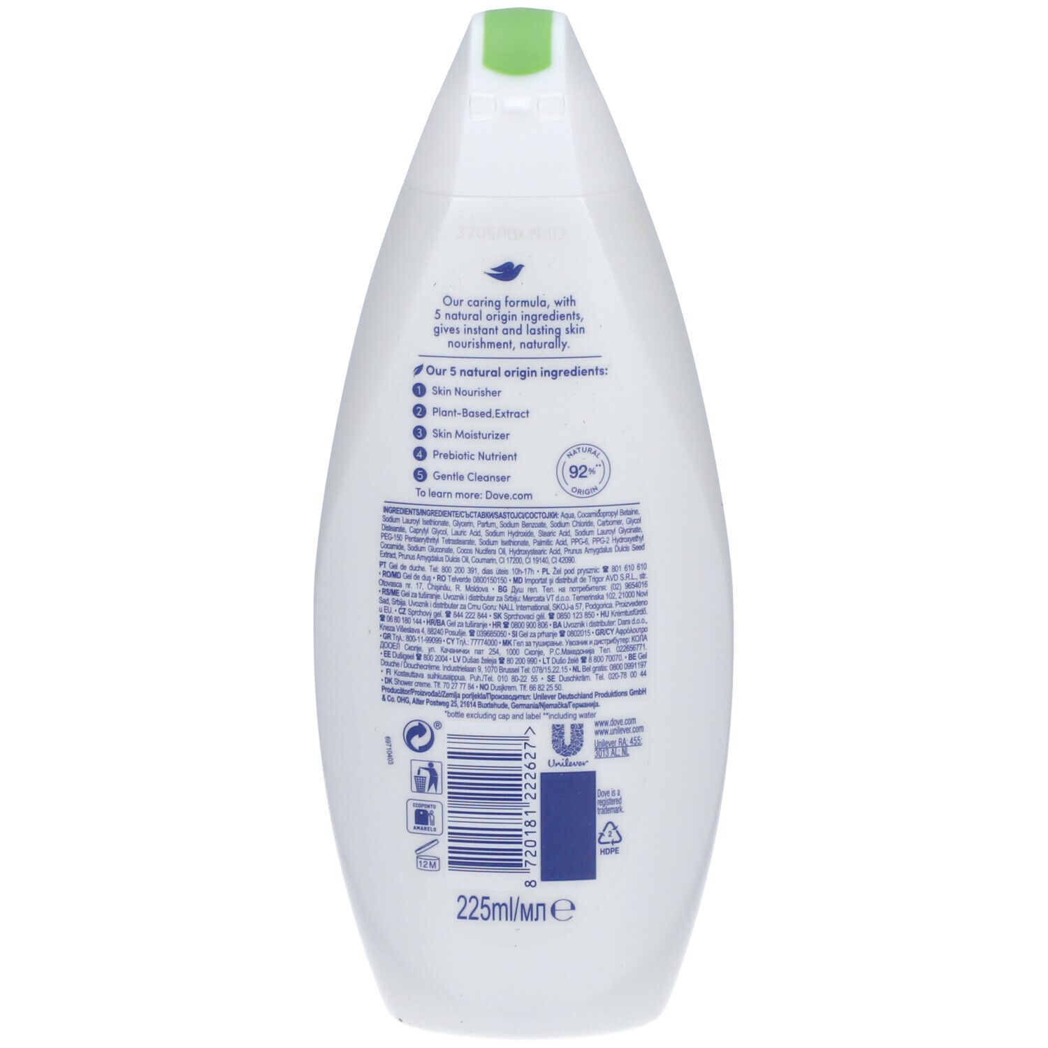 Rückseite einer weißen Dove Care by Nature Duschgelflasche. Enthält Text, Barcode und Volumenangabe: 225ml.