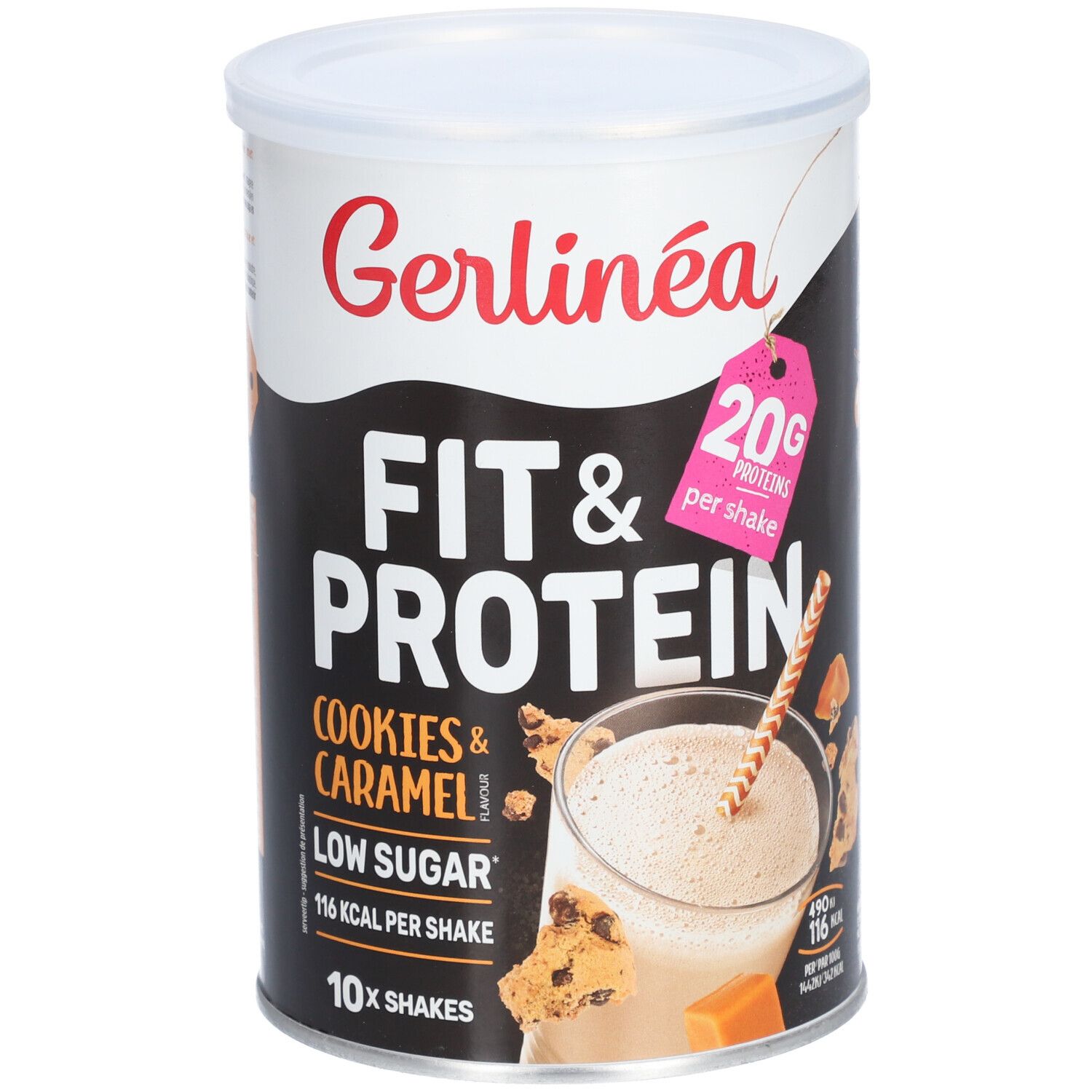 Dose Gerlinéa Fit & Protein, Cookies & Caramel, Low Sugar. 10 Portionen. 20g Protein pro Shake. Abbildung eines Shakes mit Strohhalm.