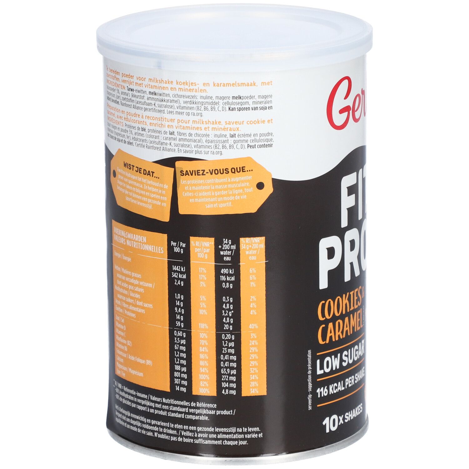 Gerlinéa Fit & Protein Dose, Cookies & Caramel. Nährwertangaben und Zutatenliste. Aufkleber mit 'Mindestens haltbar bis' Datum.