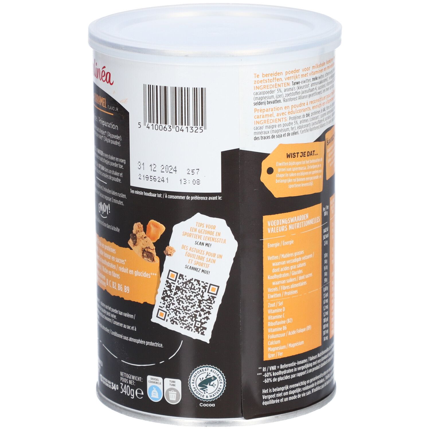 Gerlinéa Fit & Protein Dose, Cookies & Caramel. Rückseite mit Barcode, QR-Code und Nährwertangaben. 340g. Cocoa.