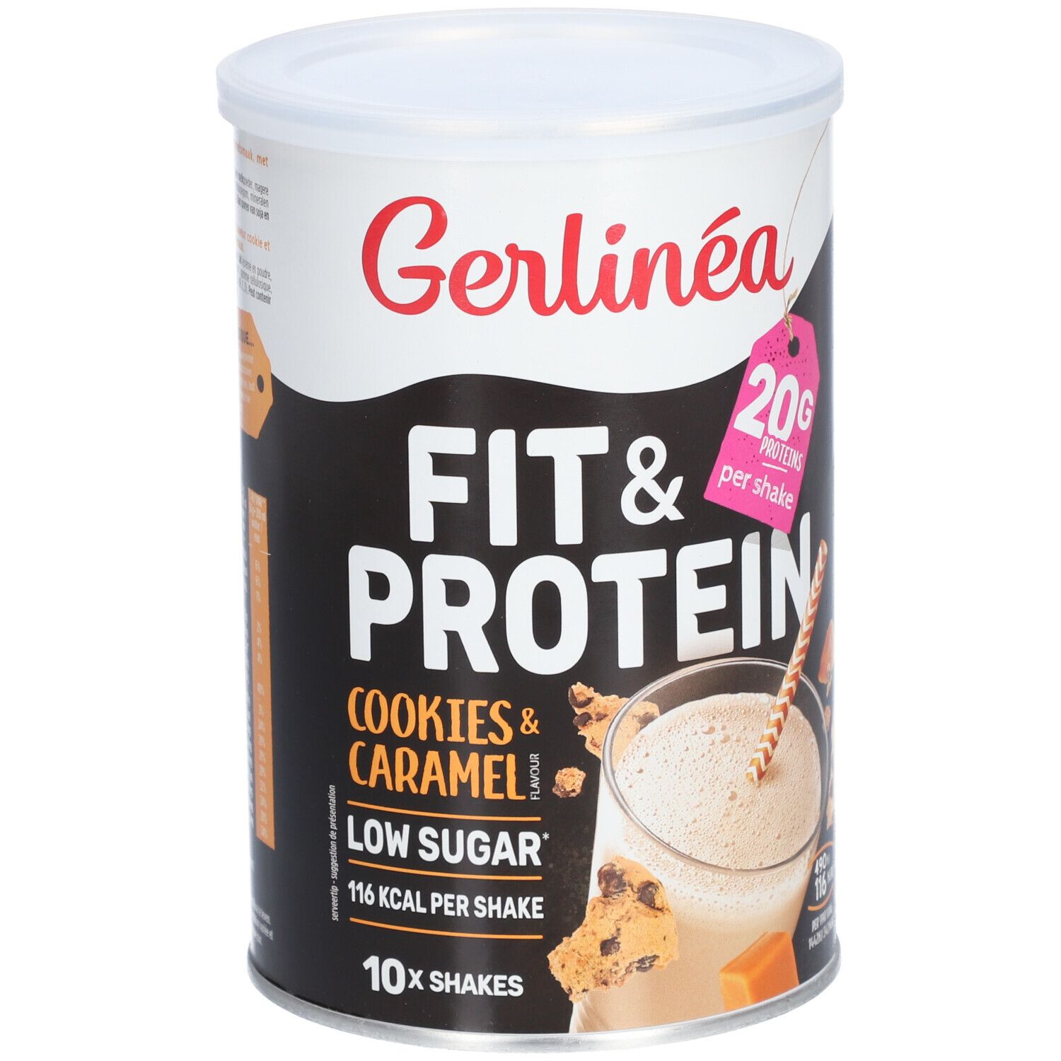 Gerlinéa Fit & Protein Dose, Cookies & Caramel, Low Sugar. 10 Portionen. 20g Protein pro Shake. Abbildung eines Shakes mit Strohhalm.
