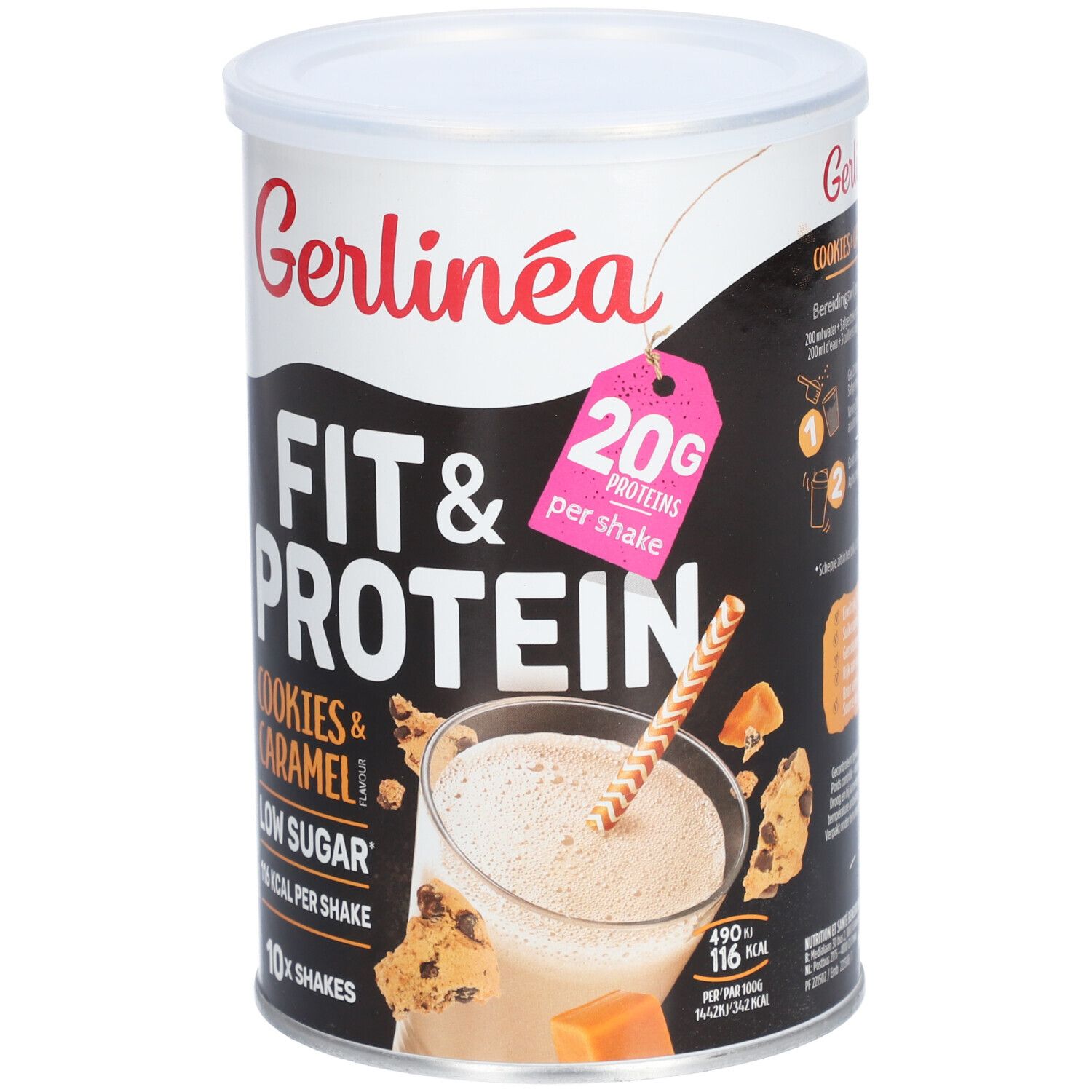 Gerlinéa Fit & Protein Dose, Cookies & Caramel, Low Sugar. 10 Portionen. 20g Protein pro Shake. Abbildung eines Shakes mit Strohhalm.