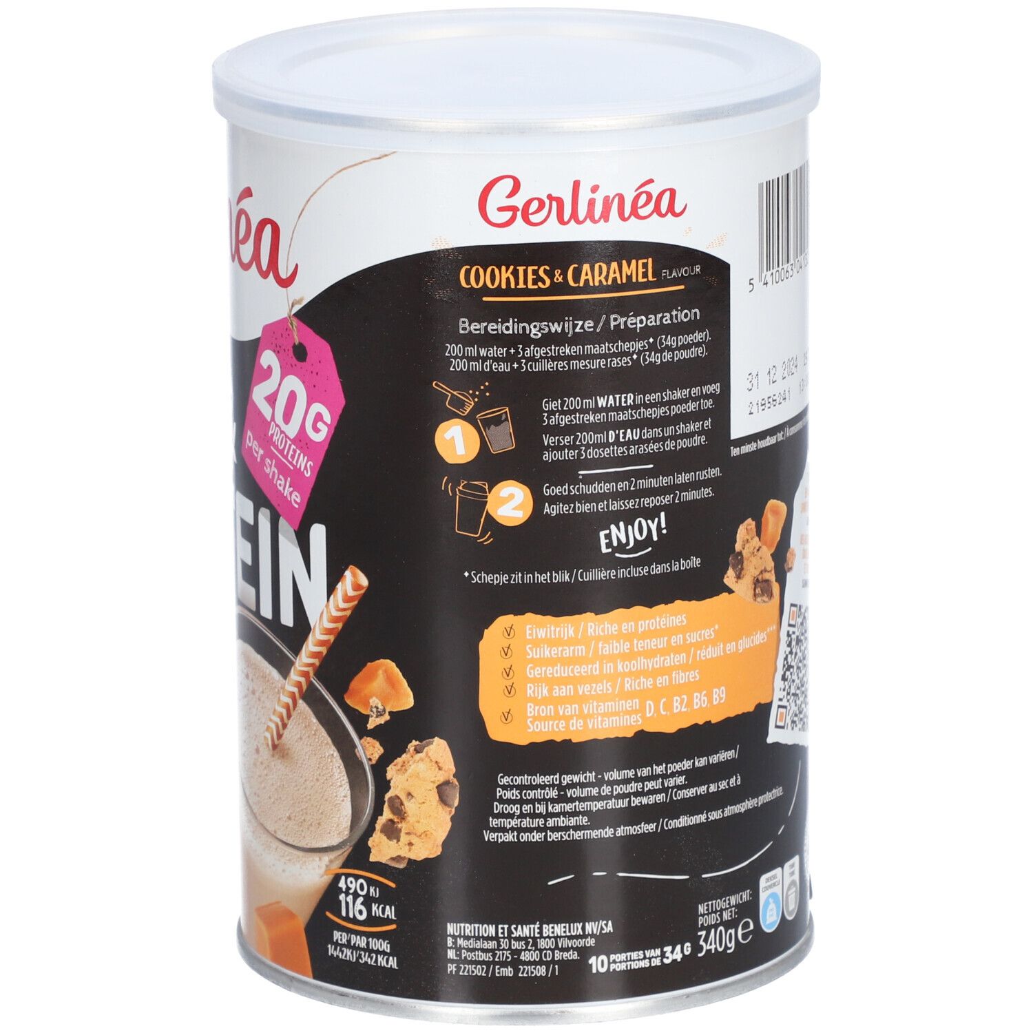 Gerlinéa Fit & Protein Dose, Cookies & Caramel. Zubereitungshinweise. 20g Protein pro Shake. 10 Portionen. 340g.