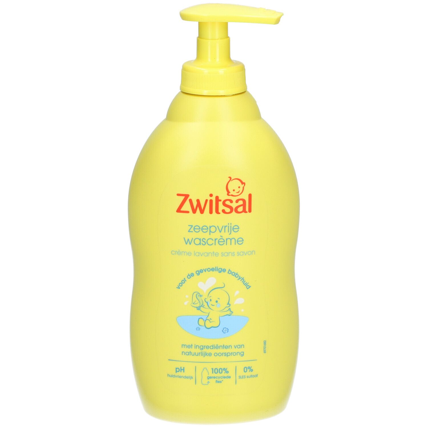 Gele fles Zwitsal 'zeepvrije wascrème' met doseerpomp. Tekst en baby logo.