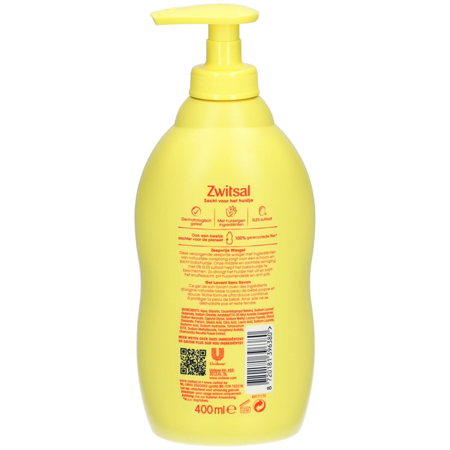 Achterkant gele Zwitsal fles. Tekst, logo's en QR-code. Volume: 400 ml.