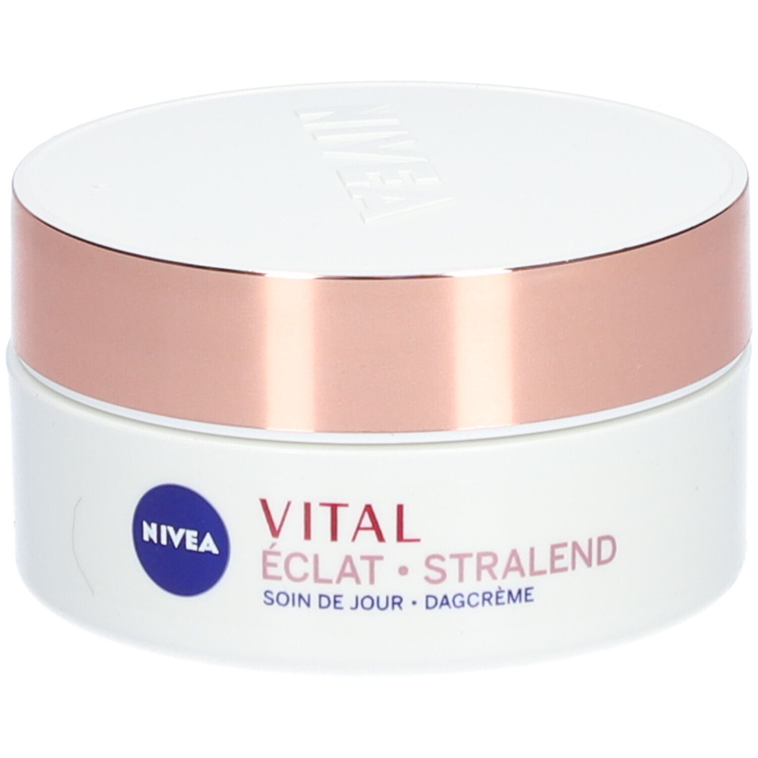 Pot blanc avec couvercle rose doré. Inscription : NIVEA, VITAL ÉCLAT, SOIN DE JOUR, DAGCRÈME.
