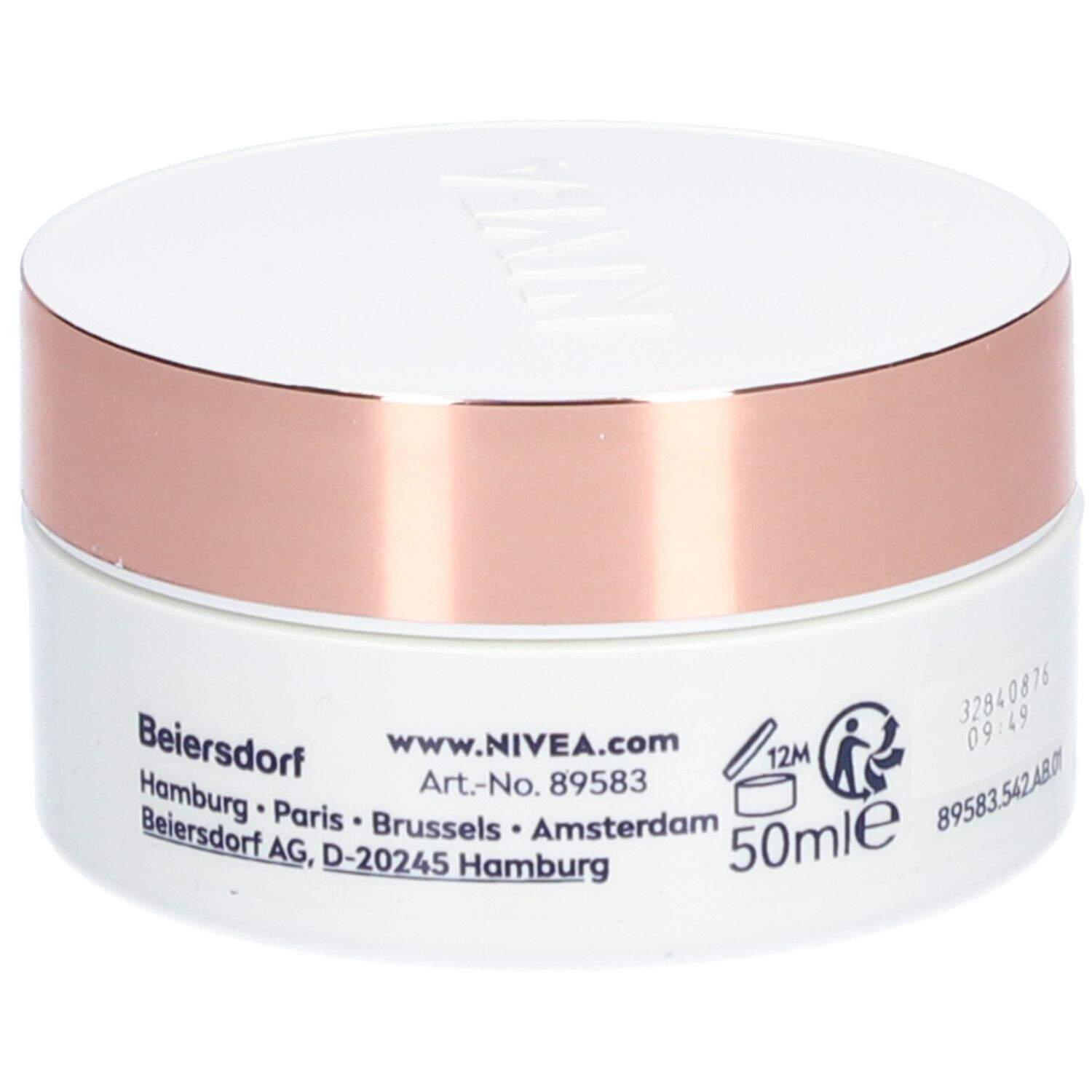 Pot blanc avec couvercle rose doré. Inscription : NIVEA. Sur le côté : Beiersdorf, 50ml, symbole de durabilité.
