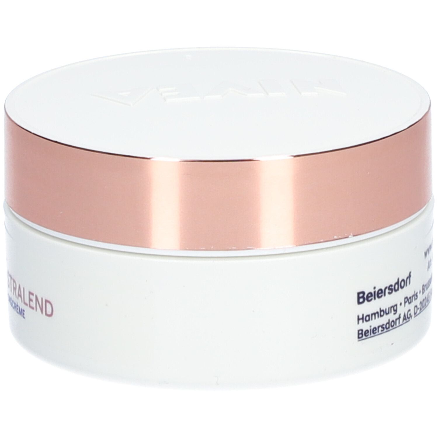 Pot blanc avec couvercle rose doré. Inscription : VITAL STRALEND, SOIN DE JOUR, DAGCRÈME. Sur le côté : Beiersdorf.