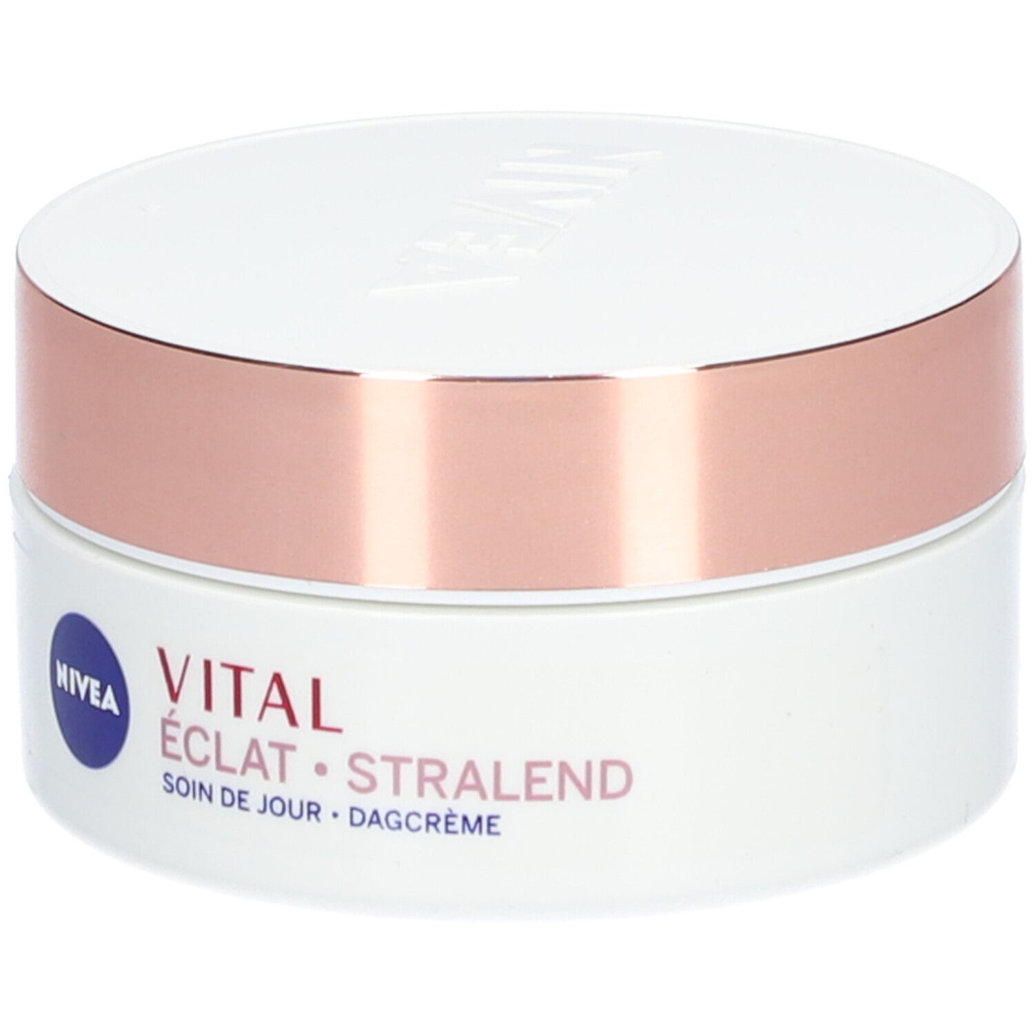 Pot blanc avec couvercle rose doré. Inscription : NIVEA, VITAL ÉCLAT, SOIN DE JOUR, DAGCRÈME.