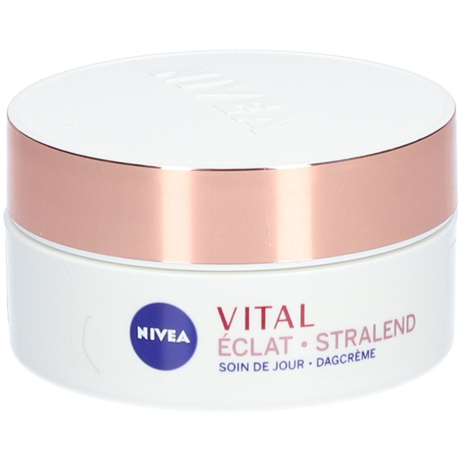 Pot blanc avec couvercle rose doré. Inscription : NIVEA, VITAL ÉCLAT, SOIN DE JOUR, DAGCRÈME.