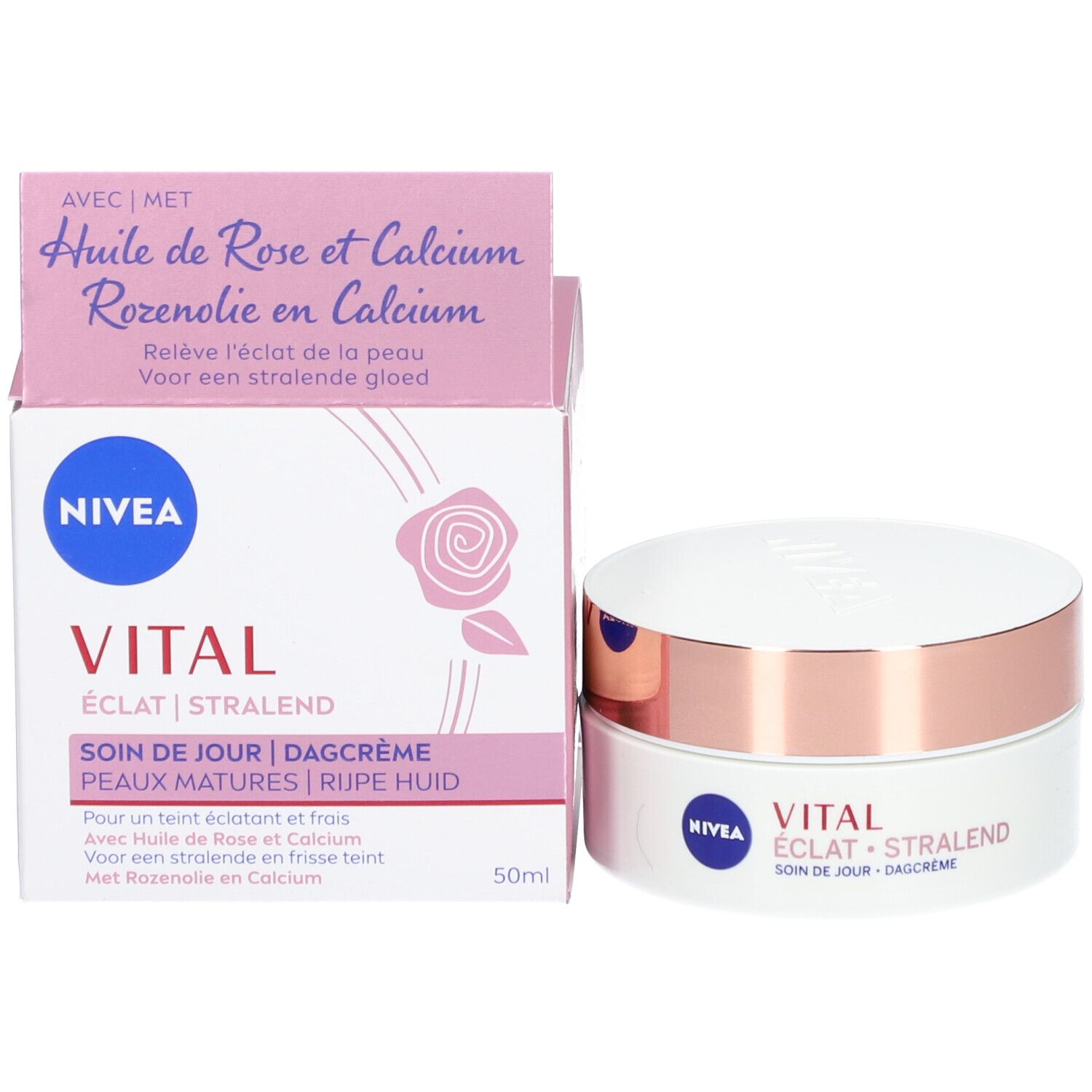 Emballage du produit avec pot et boîte. Inscription : NIVEA, VITAL ÉCLAT, SOIN DE JOUR, DAGCRÈME, 50ml. Rose et Calcium.