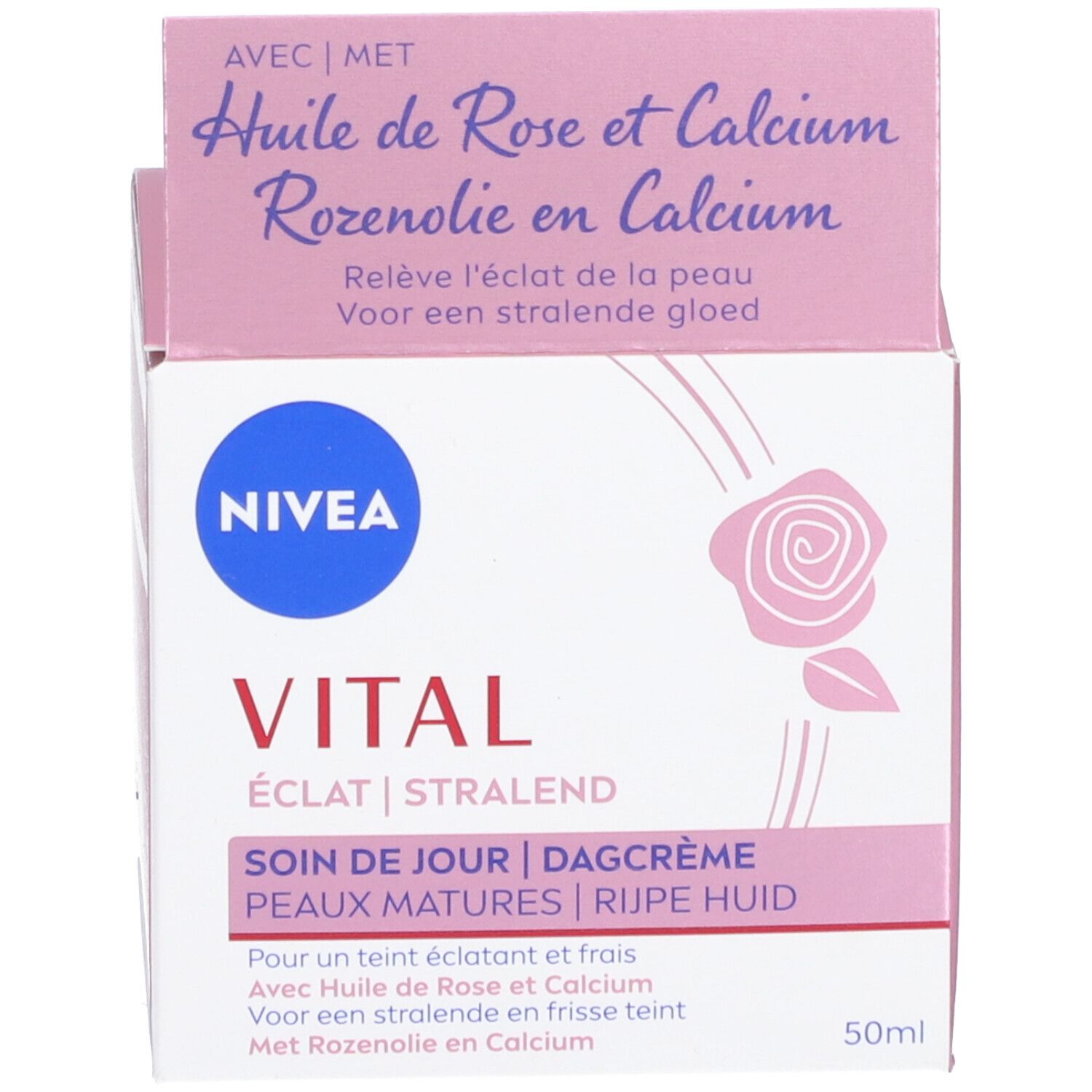 Emballage du produit, boîte. Inscription : NIVEA, VITAL ÉCLAT, SOIN DE JOUR, DAGCRÈME, 50ml. Rose et Calcium.