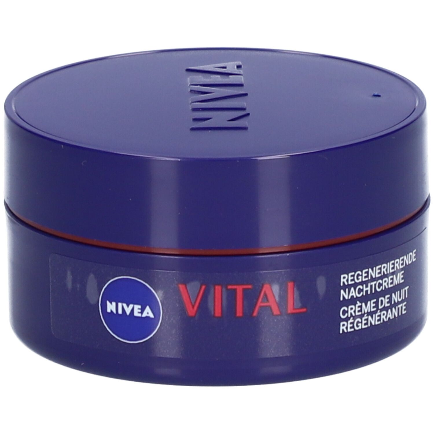 Blaue Creme-Dose mit NIVEA-Logo und VITAL-Schriftzug. Text: Regenerierende Nachtcreme.