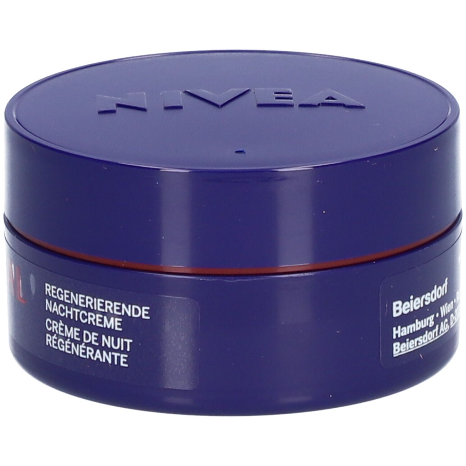 Blaue Creme-Dose mit NIVEA-Logo und Text: Regenerierende Nachtcreme. Herstellerinformationen auf der Seite.