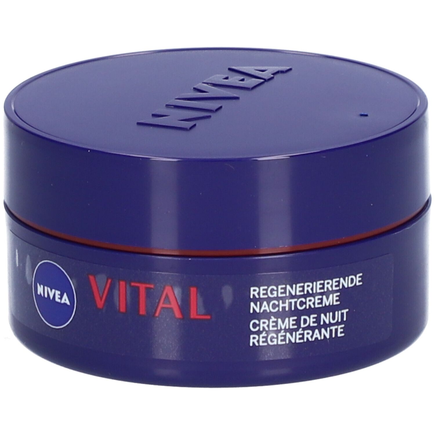 Blaue Creme-Dose mit NIVEA-Logo und VITAL-Schriftzug. Text: Regenerierende Nachtcreme.