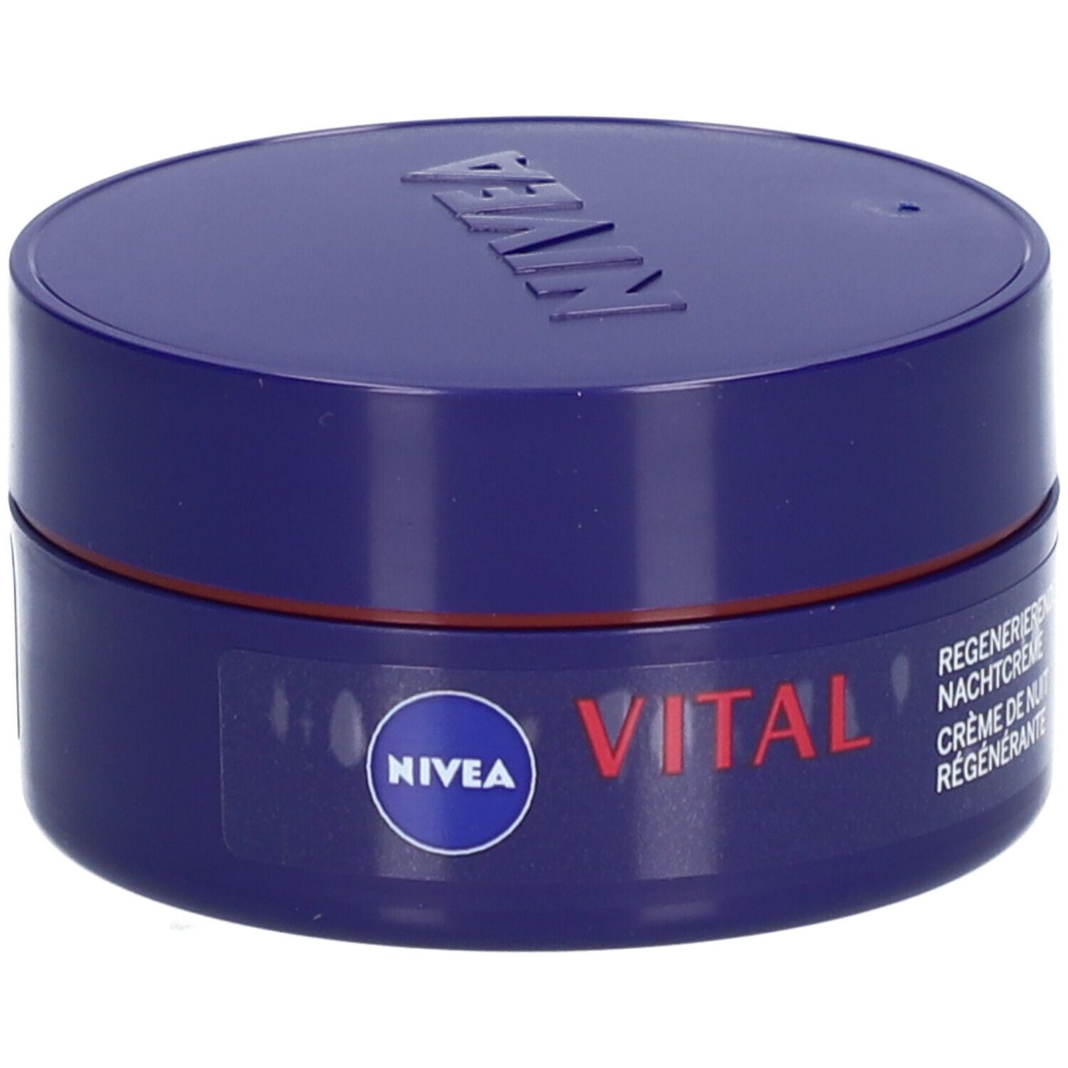 Blaue Creme-Dose mit NIVEA-Logo und VITAL-Schriftzug. Text: Regenerierende Nachtcreme.
