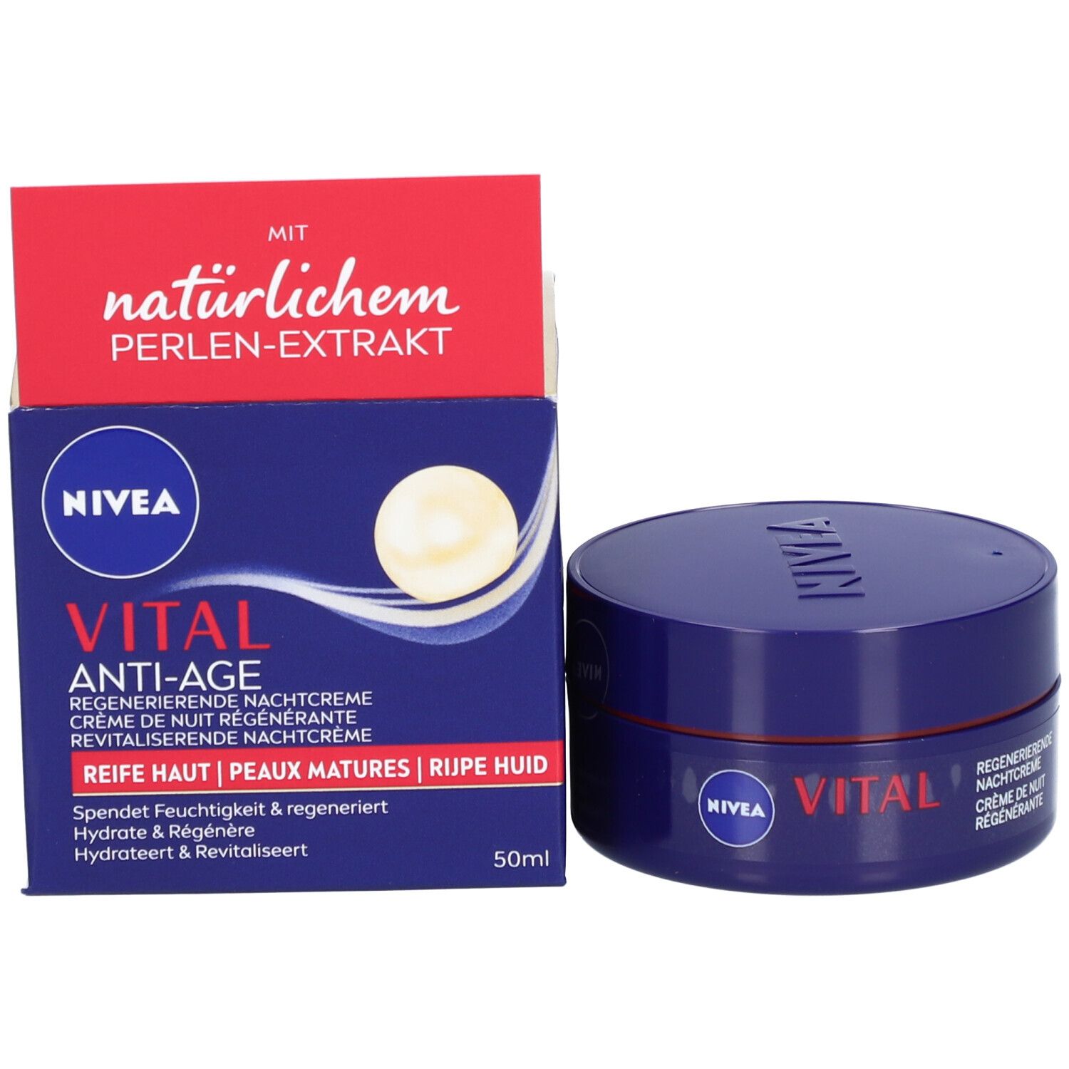 Produktverpackung mit Creme-Dose und Karton. Karton mit NIVEA, VITAL, Anti-Age und Perlen-Extrakt-Hinweis.