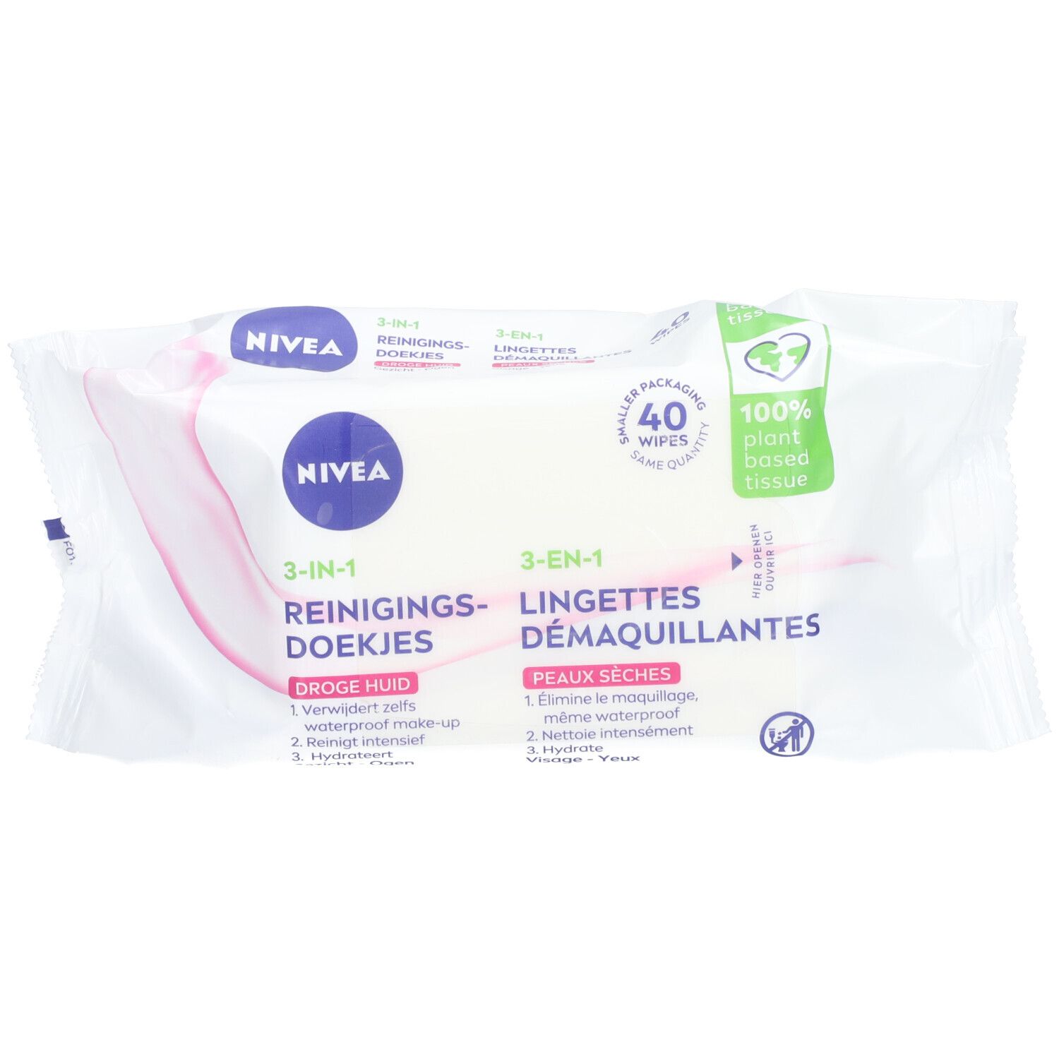 Paquet de lingettes démaquillantes Nivea 3-en-1. Emballage blanc. Texte: 40 lingettes, 100% tissu végétal. Logo et nom du produit.