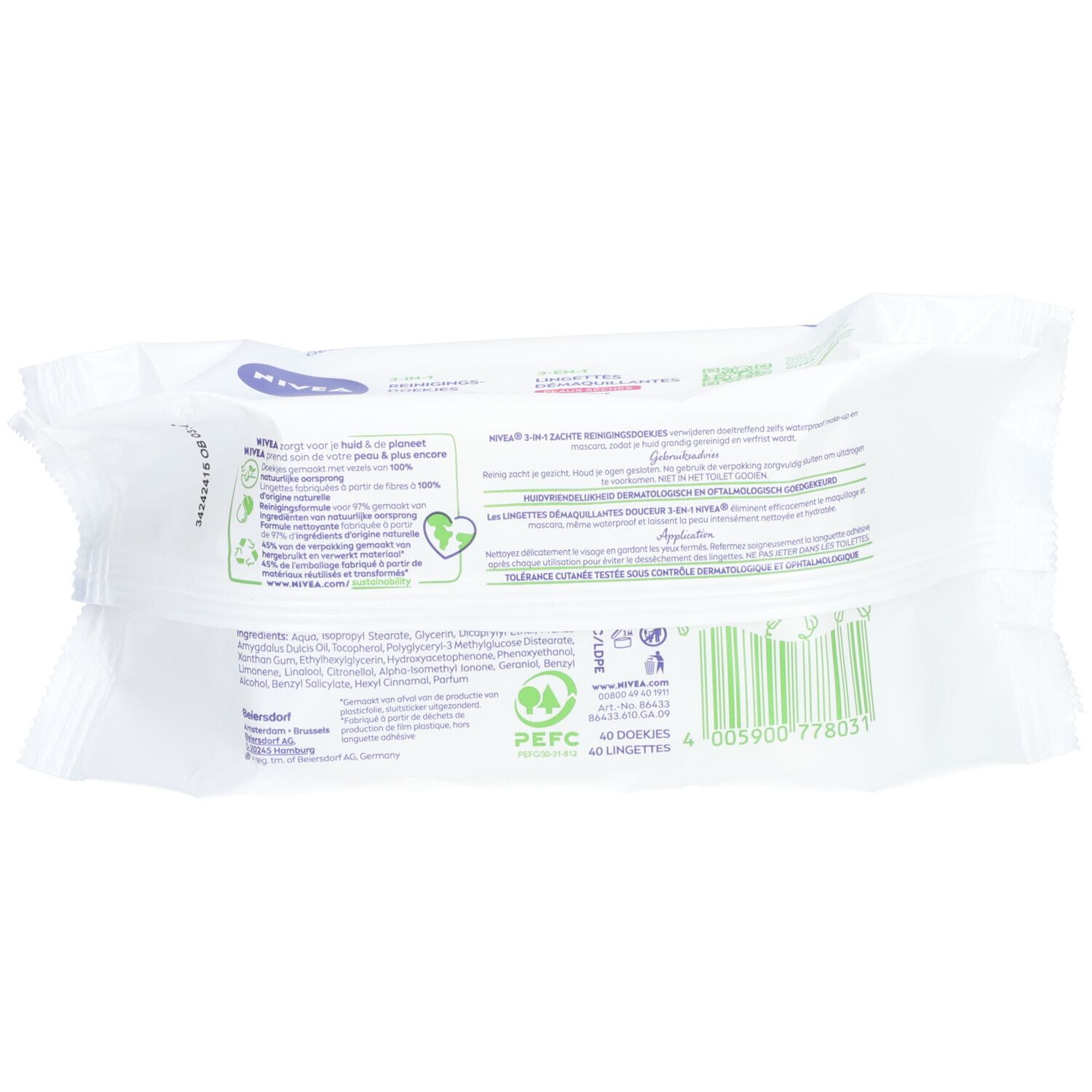 Dos du paquet de lingettes démaquillantes Nivea. Texte: ingrédients, certification PEFC, code-barres. Logo et nom du produit.