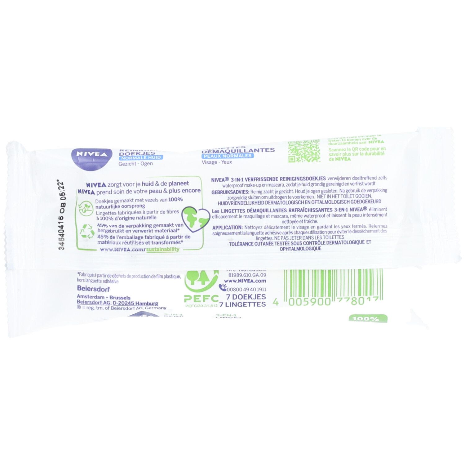 Rückseite der Nivea Reinigungstücher-Verpackung. Text, Logo und grüne Kennzeichnungen. 7 Tücher.