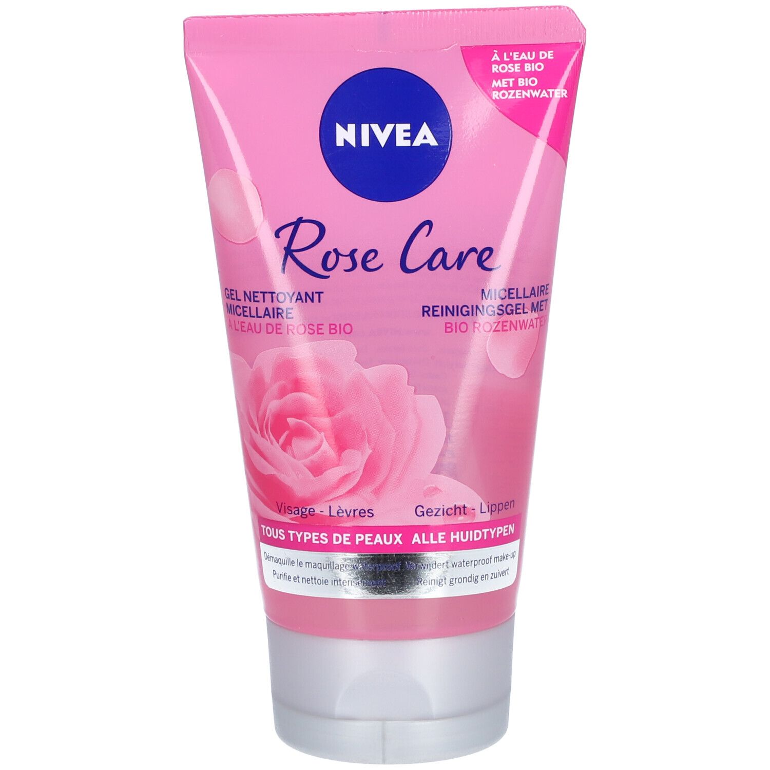 Tube rose Nivea Rose Care. Gel nettoyant micellaire à l'eau de rose bio. Inscription en plusieurs langues.