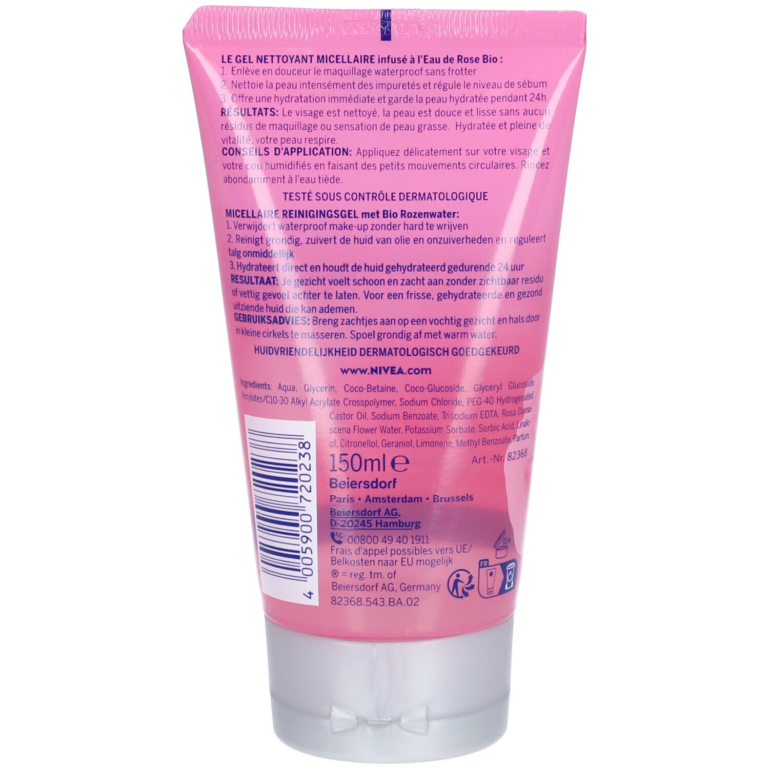 Dos du tube rose. Informations produit, ingrédients et coordonnées du fabricant. Code-barres.