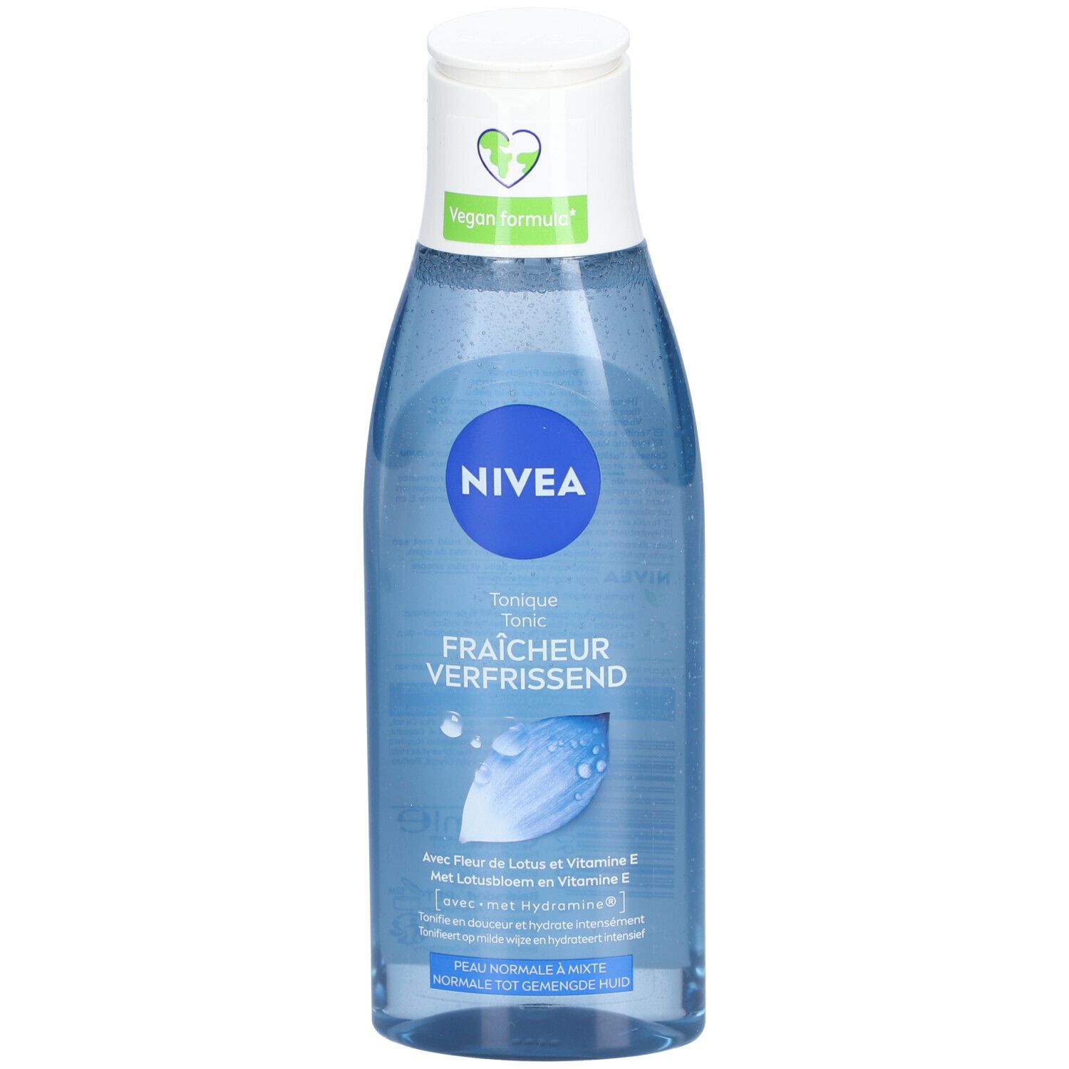 Blau-transparente Flasche mit weißem Deckel. Aufschrift NIVEA, Tonique Fraîcheur. Vegan-Logo.
