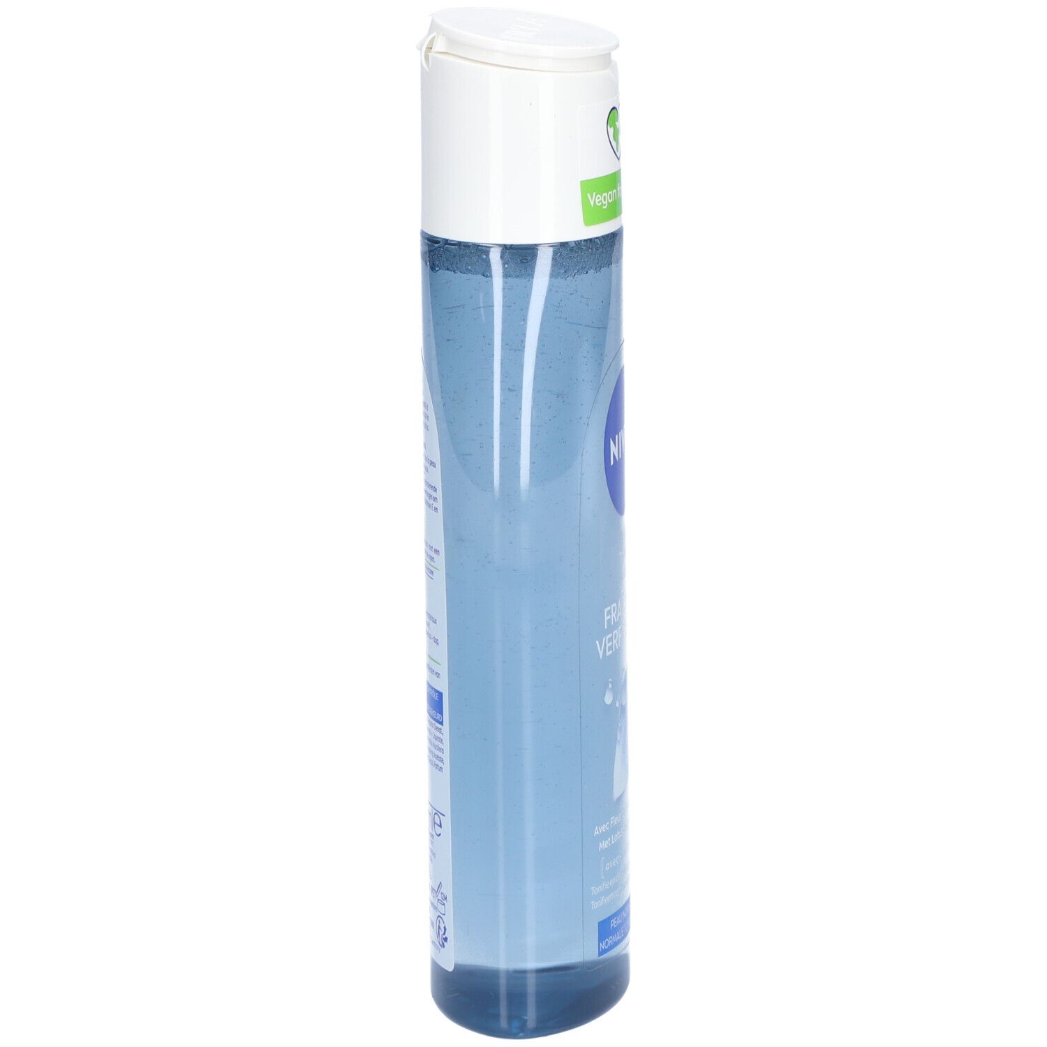 Blaue, zylindrische Flasche mit weißem Deckel. Aufschrift und Etikett auf der Seite.