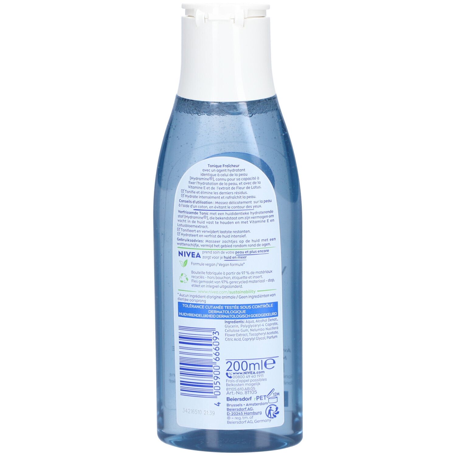 Rückseite der blauen Flasche. Etikett mit Produktinformationen und Inhaltsstoffen. 200ml.
