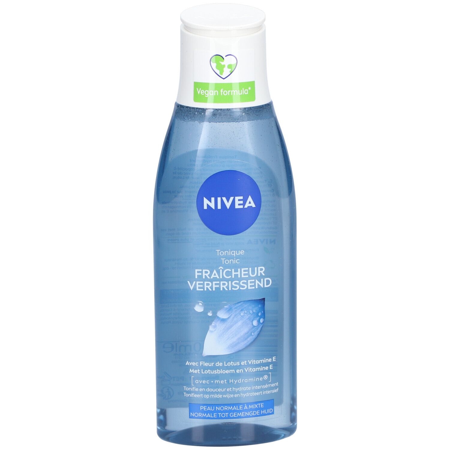 Blaue Flasche mit weißem Deckel. Aufschrift NIVEA, Tonique Fraîcheur. Vegan-Logo.