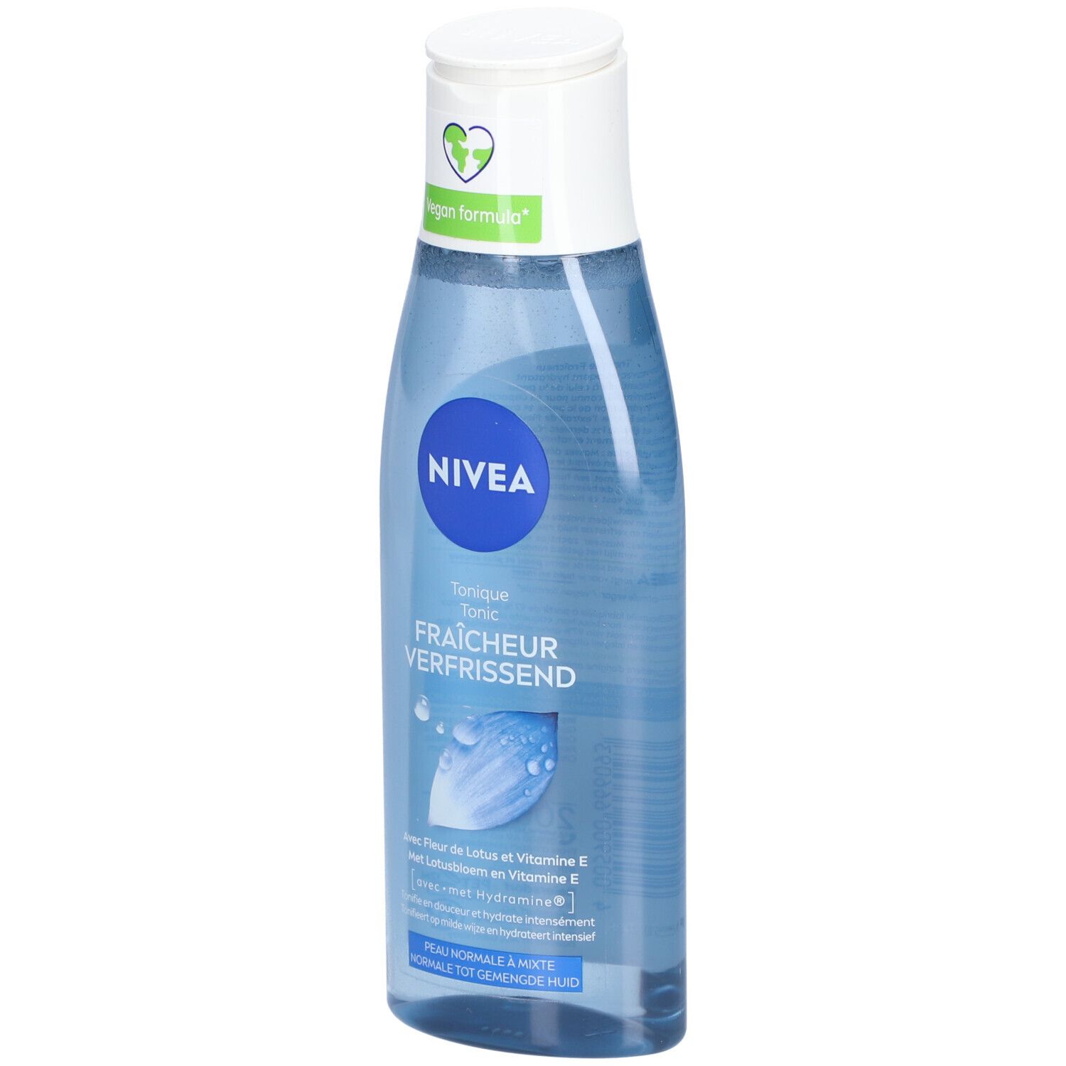 Blaue Flasche mit weißem Deckel. Aufschrift NIVEA, Tonique Fraîcheur. Vegan-Logo.
