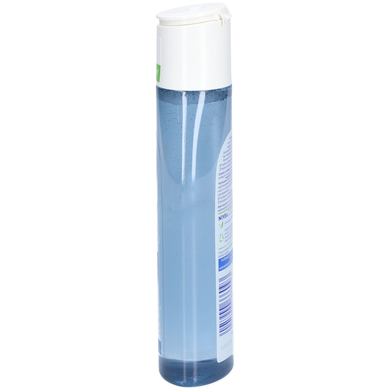 Blaue, zylindrische Flasche mit weißem Deckel. Etikett und Aufschrift auf der Seite.