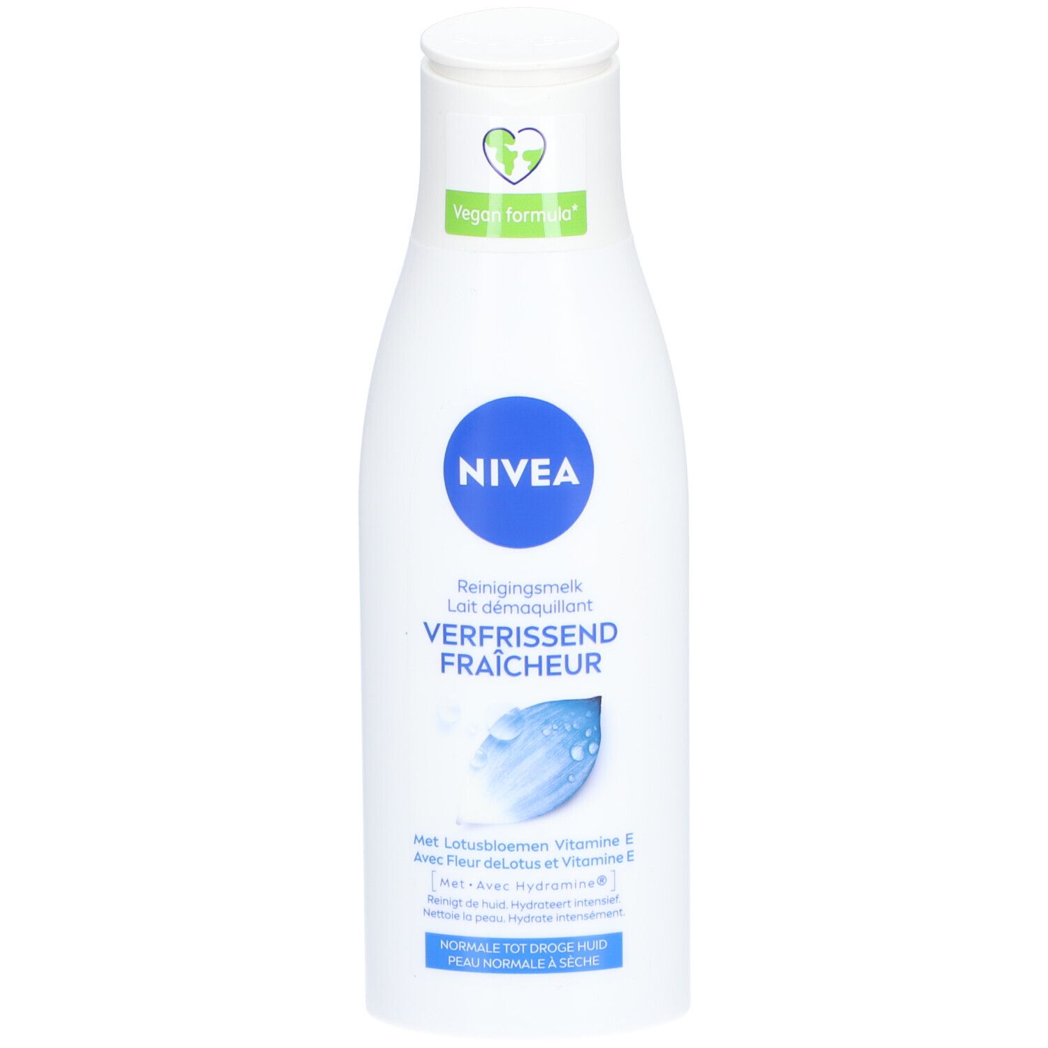 Weiße Flasche mit blauem Nivea-Logo. Text: Reinigingsmelk, Verfrissend Fraîcheur. Vegan-Formel-Logo.