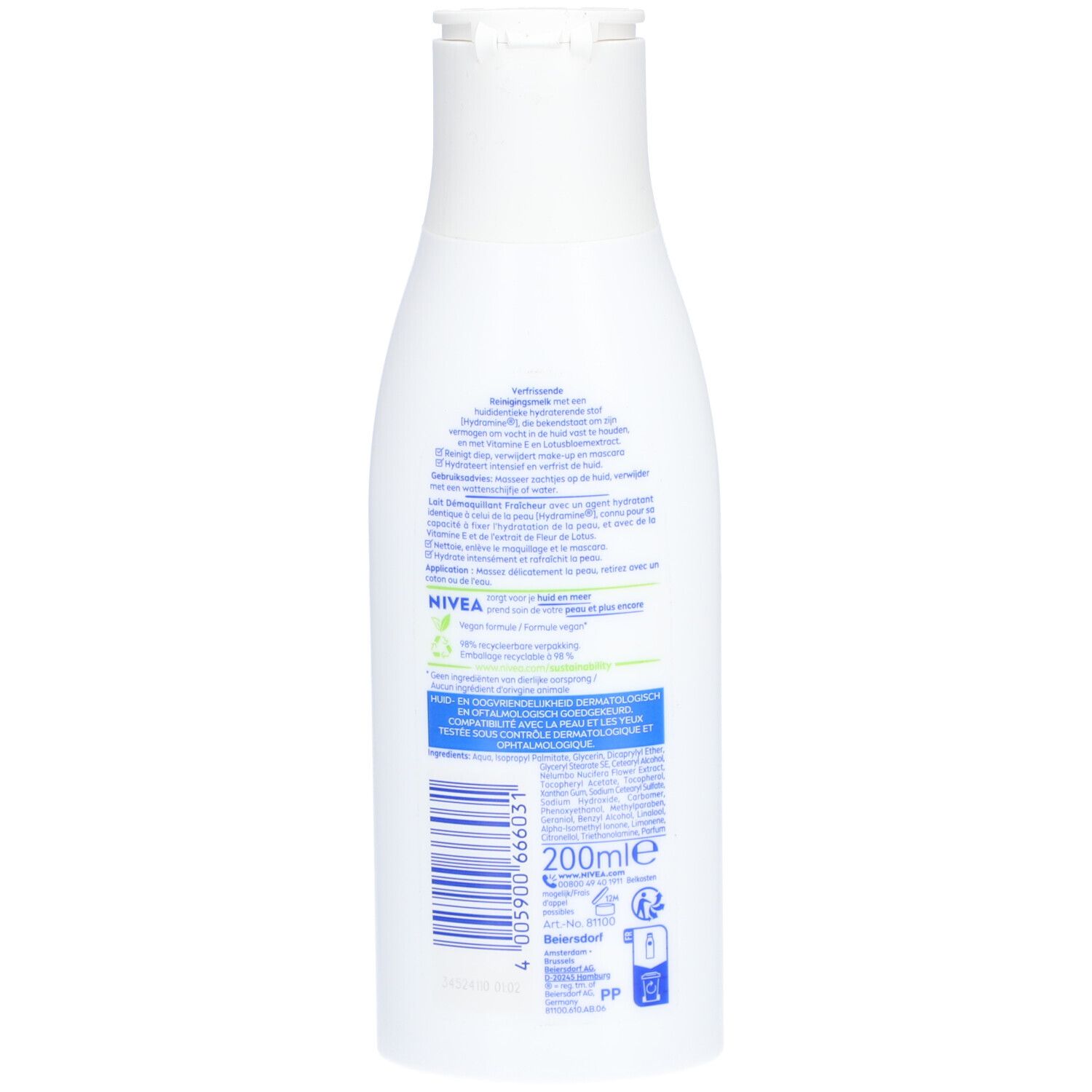 Rückseite der weißen Flasche. Text: Nivea, Reinigingsmelk, Verfrissend Fraîcheur. Vegan-Formel-Logo. 200ml.
