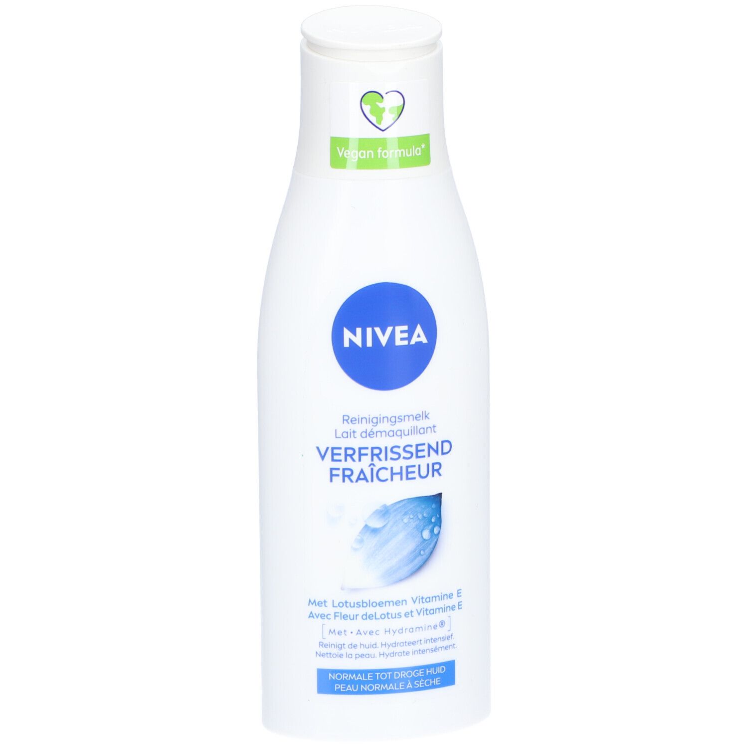 Weiße Flasche mit blauem Nivea-Logo. Text: Reinigingsmelk, Verfrissend Fraîcheur. Vegan-Formel-Logo.