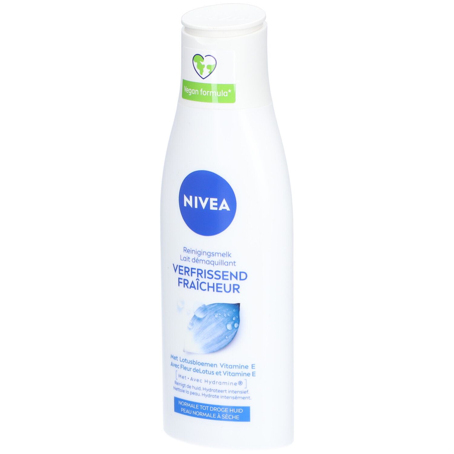 Weiße Flasche mit blauem Nivea-Logo. Text: Reinigingsmelk, Verfrissend Fraîcheur. Vegan-Formel-Logo.