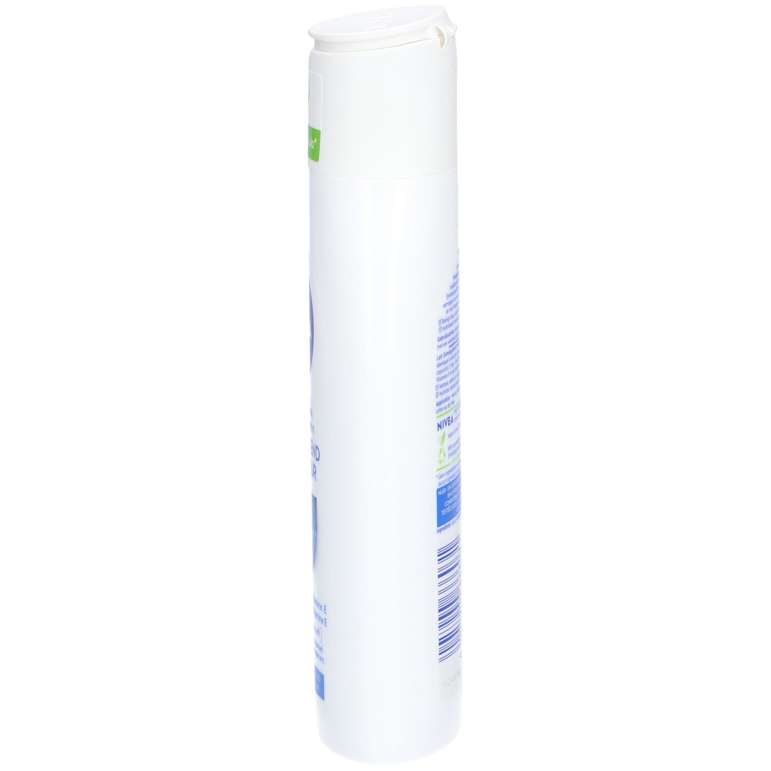 Weiße Flasche, Seitenansicht. Text: Nivea, Reinigingsmelk, Verfrissend Fraîcheur. Vegan-Formel-Logo.