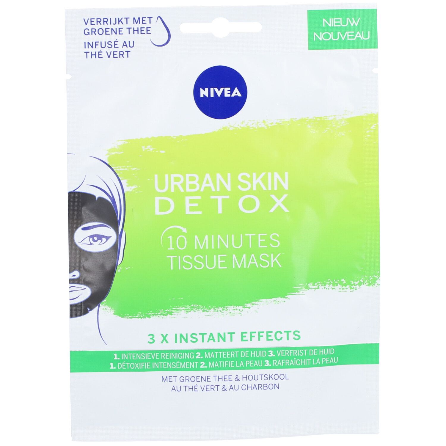 Emballage du masque en tissu Nivea Urban Skin Detox 10 Minutes. Blanc, avec dégradé vert et informations sur le produit. Logo Nivea.