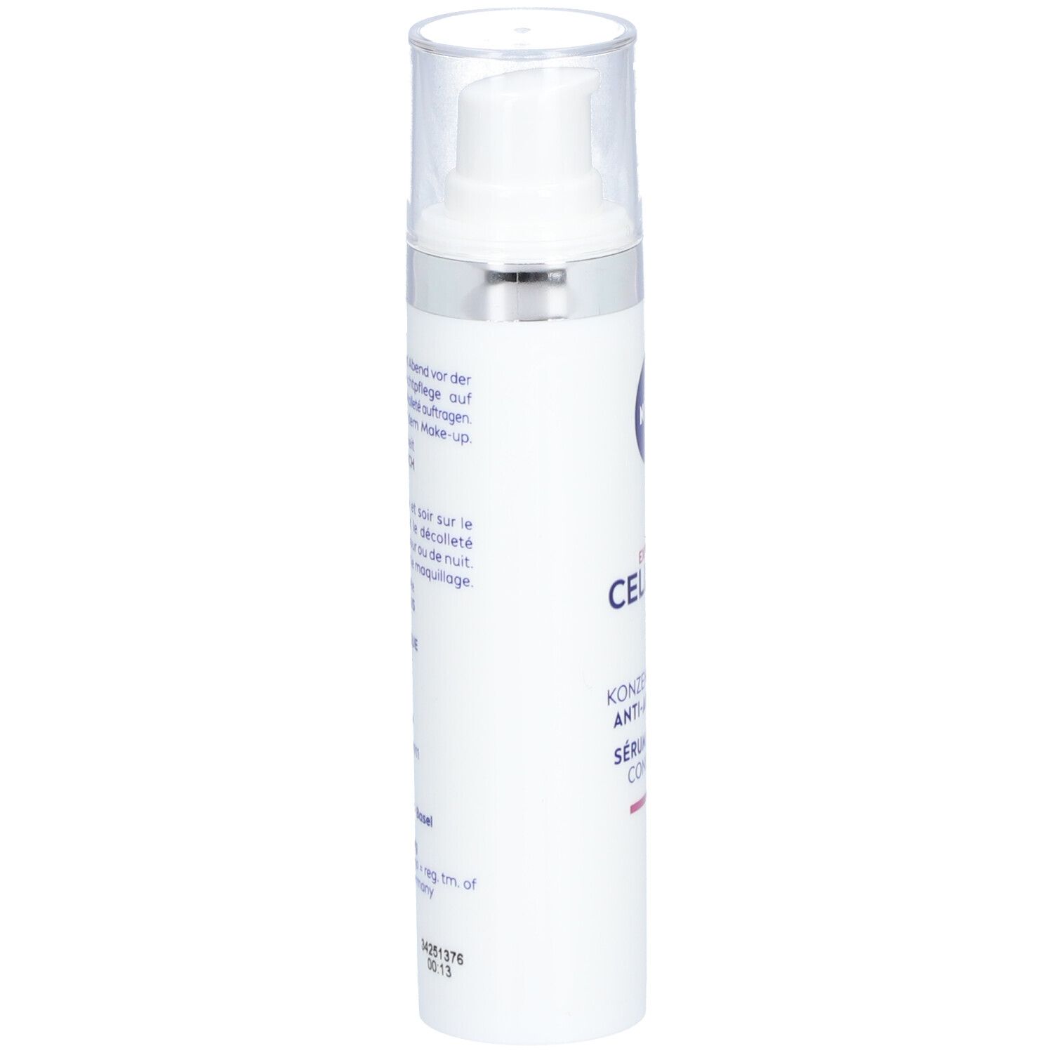 Weiße Flasche mit Pumpe und durchsichtigem Deckel. Aufdrucke auf der Seite. NIVEA-Logo und Produktbezeichnung CELLULAR.