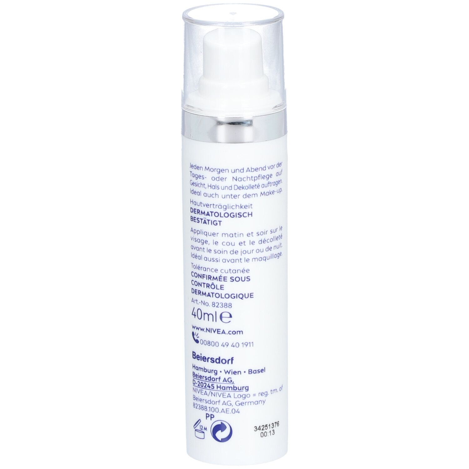 Weiße Flasche mit Pumpe und durchsichtigem Deckel. Aufdrucke mit Produktinformationen. NIVEA-Logo und CELLULAR-Bezeichnung.